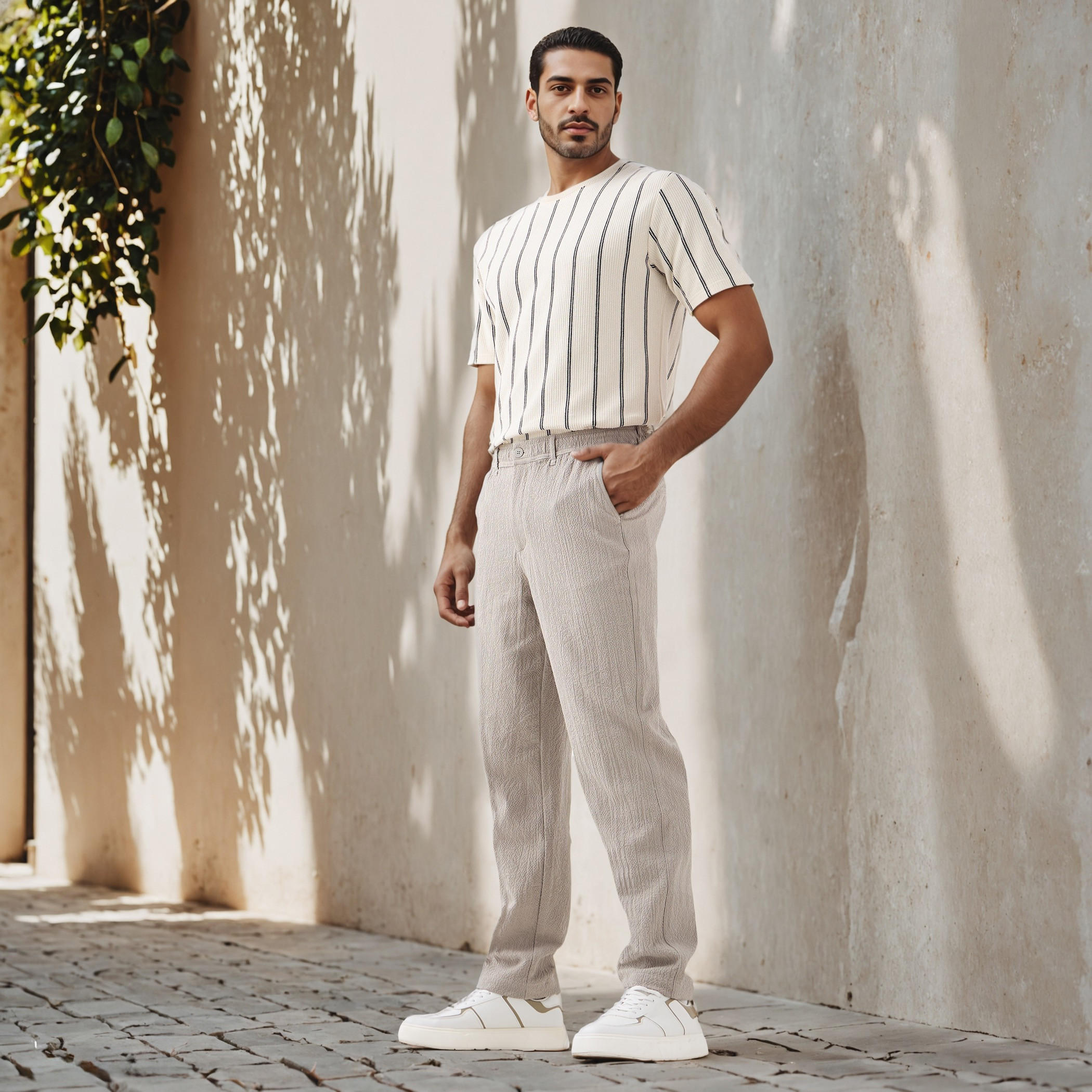 بنطلون مزيج الكتان بارز الملمس بقصة عادية وزر إغلاق-men-clothing-bottoms-trousersandchinos-trousers-image-2
