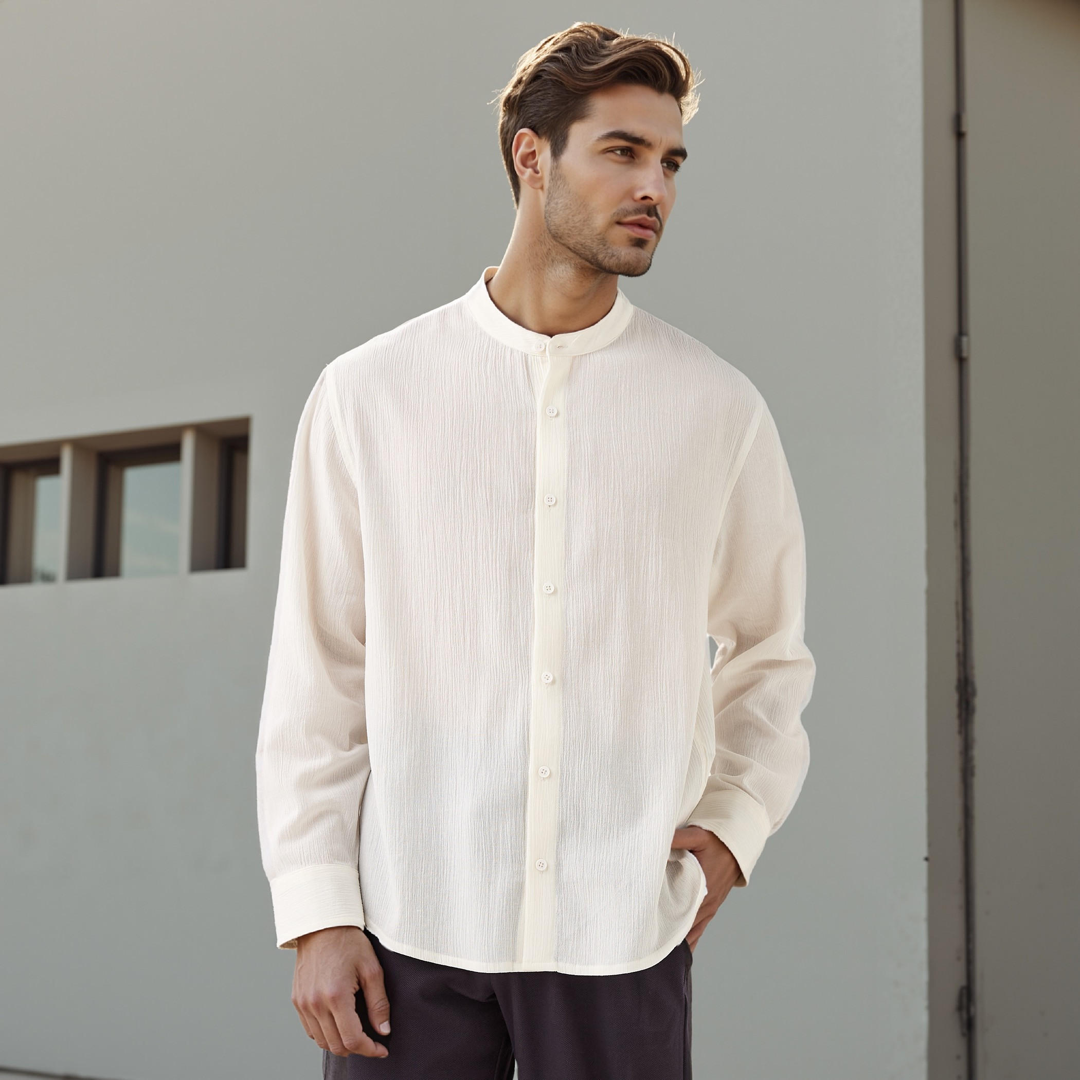 Regular Fit Textured Mandarin Collar Shirt-men-clothing-shirts-image-1