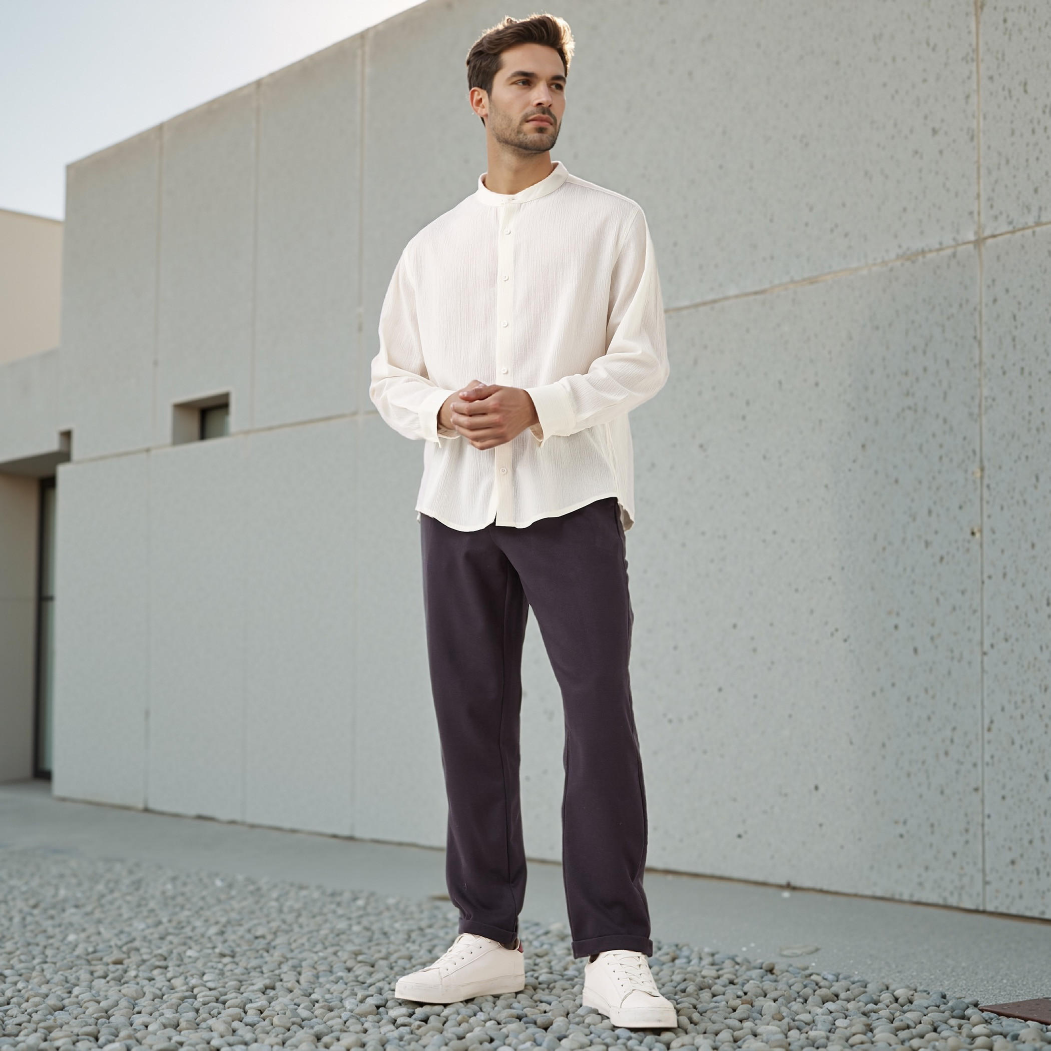 Regular Fit Textured Mandarin Collar Shirt-men-clothing-shirts-image-2