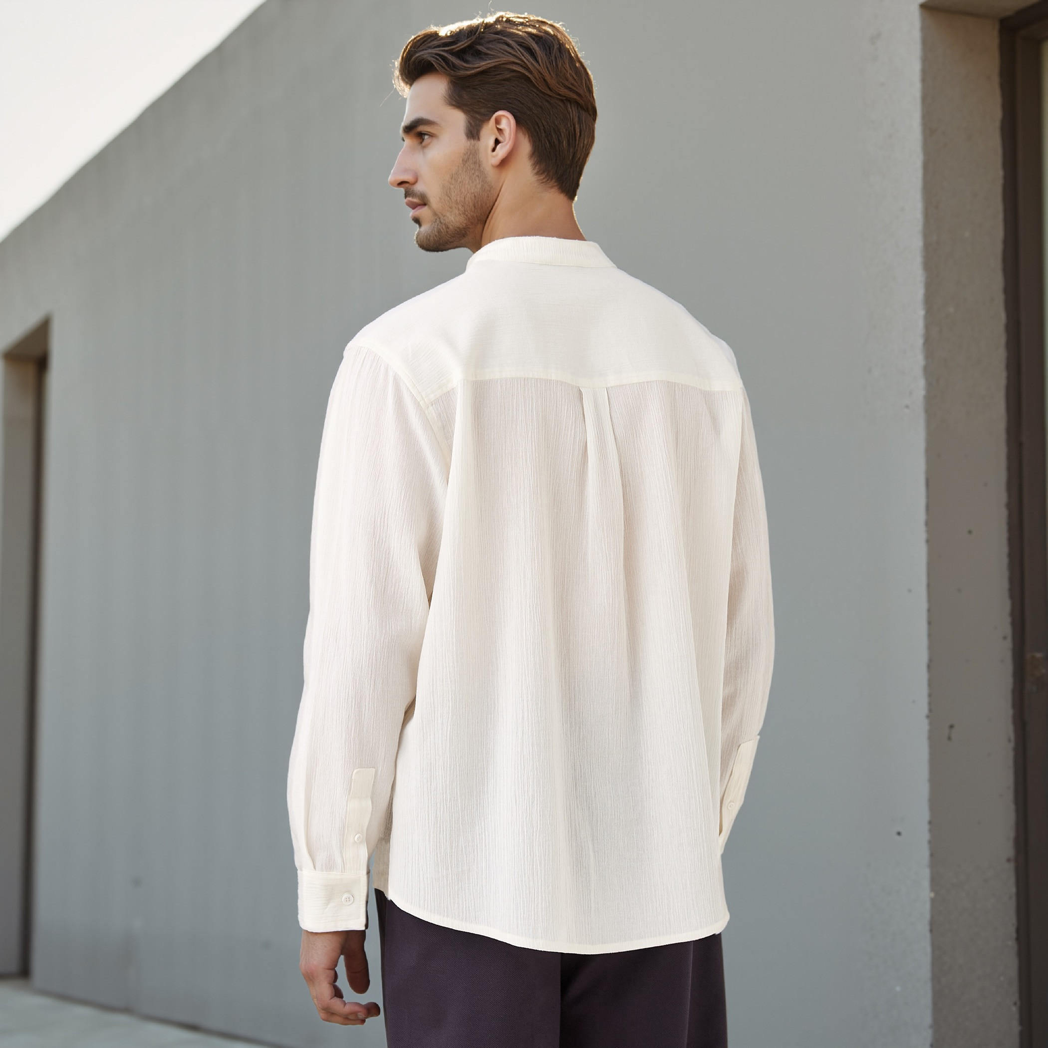 Regular Fit Textured Mandarin Collar Shirt-men-clothing-shirts-image-3