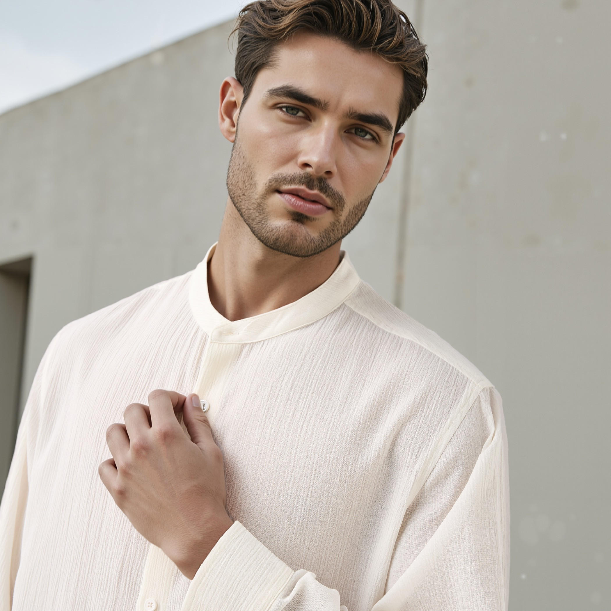 Regular Fit Textured Mandarin Collar Shirt-men-clothing-shirts-image-4