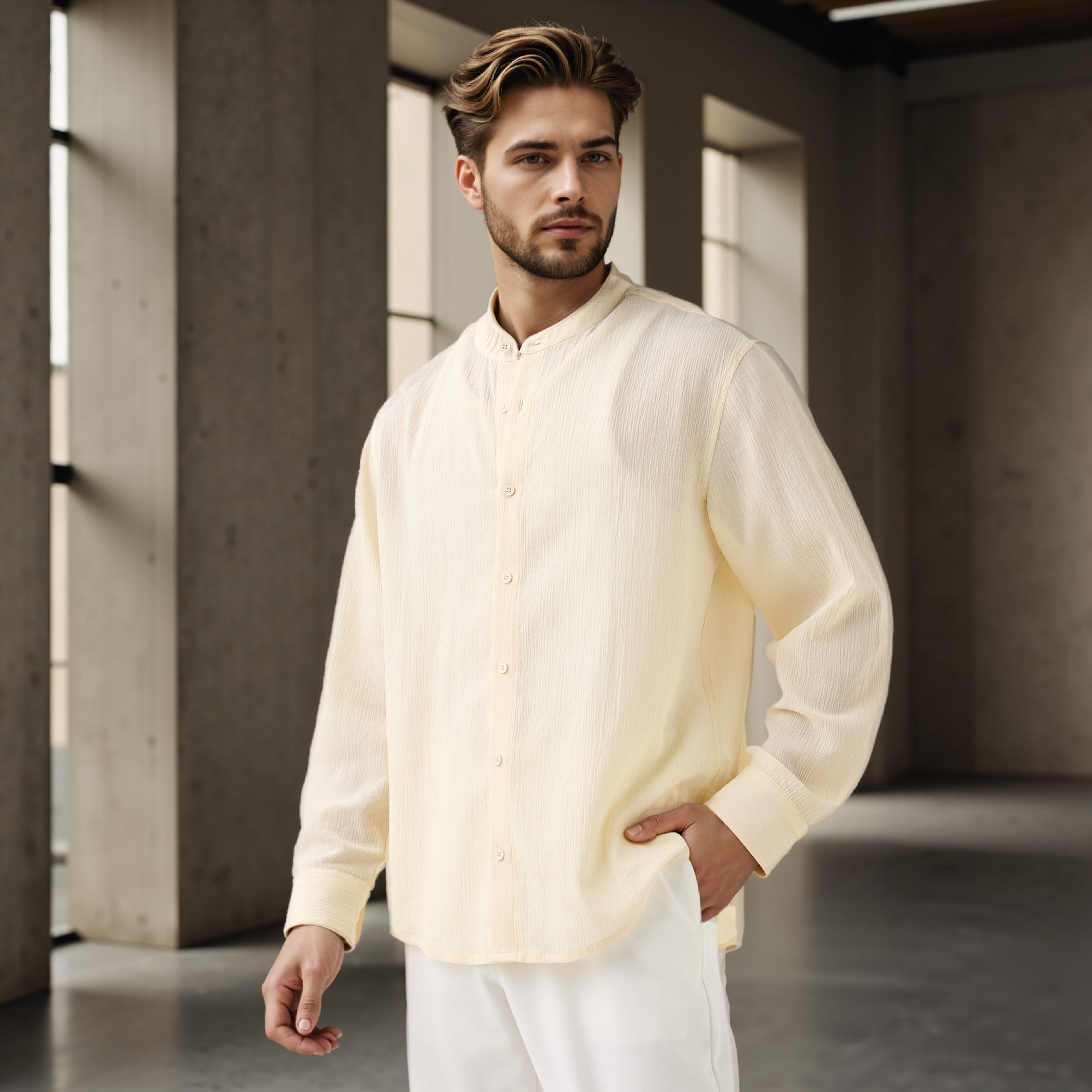 Regular Fit Textured Mandarin Collar Shirt-men-clothing-shirts-image-1