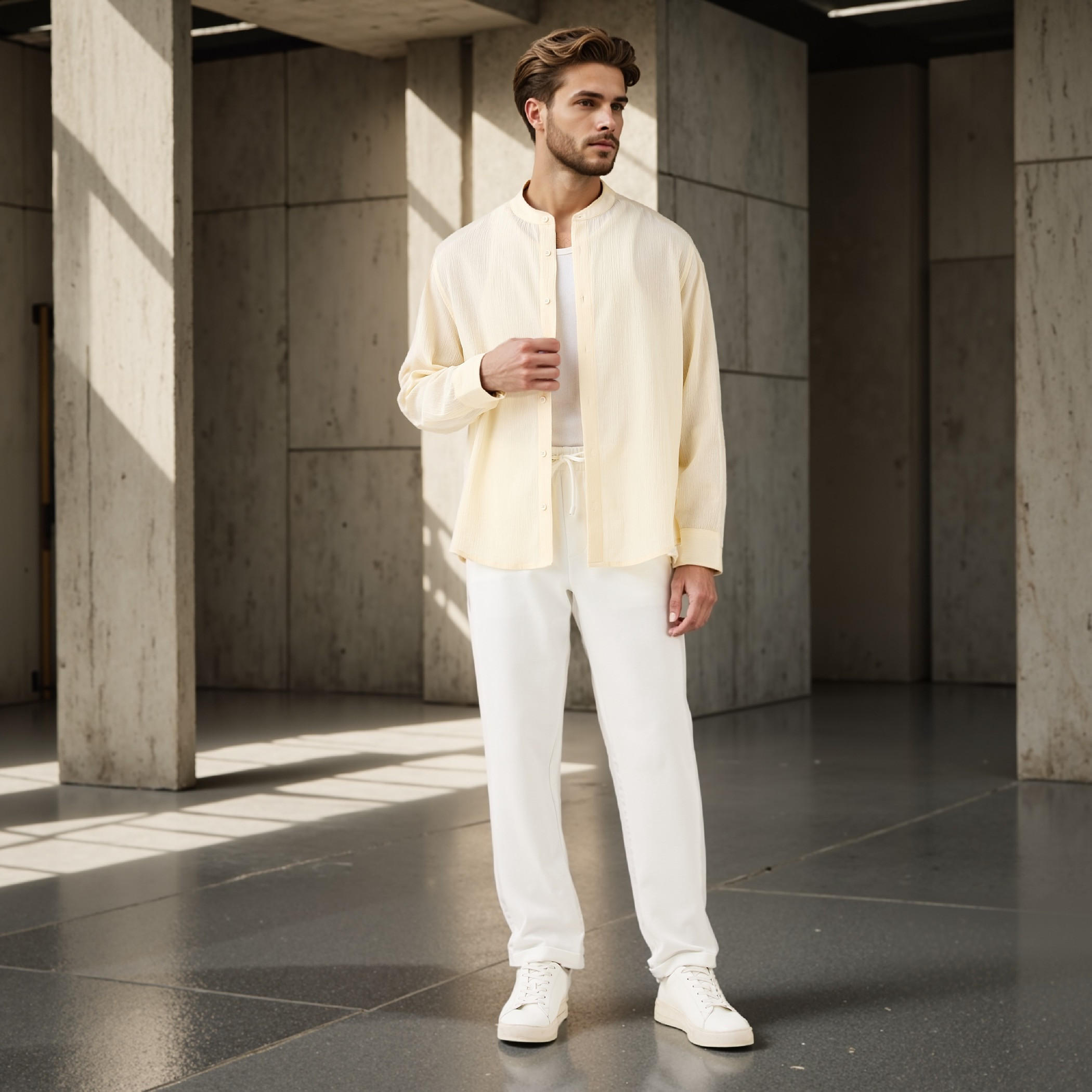 Regular Fit Textured Mandarin Collar Shirt-men-clothing-shirts-image-2
