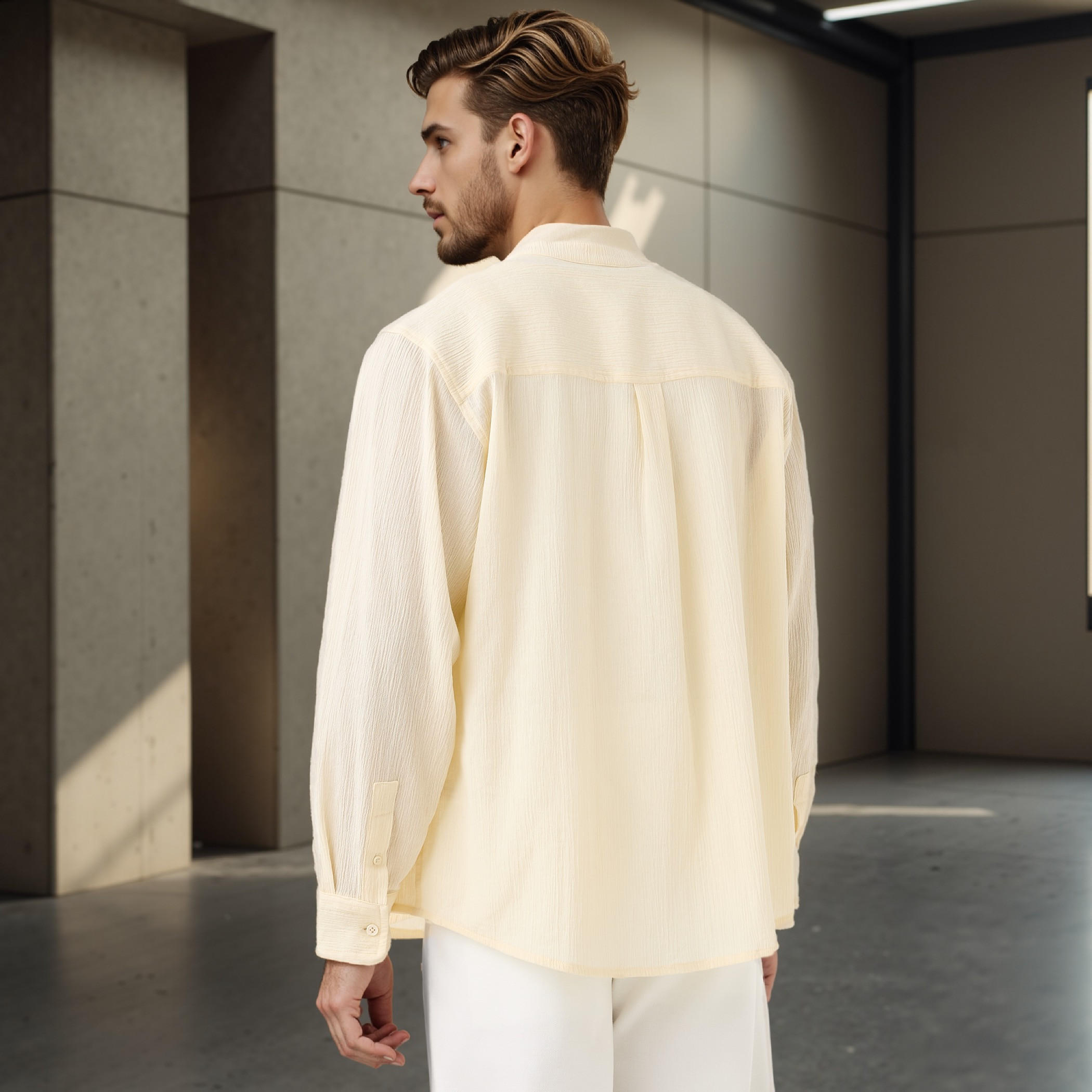 Regular Fit Textured Mandarin Collar Shirt-men-clothing-shirts-image-3