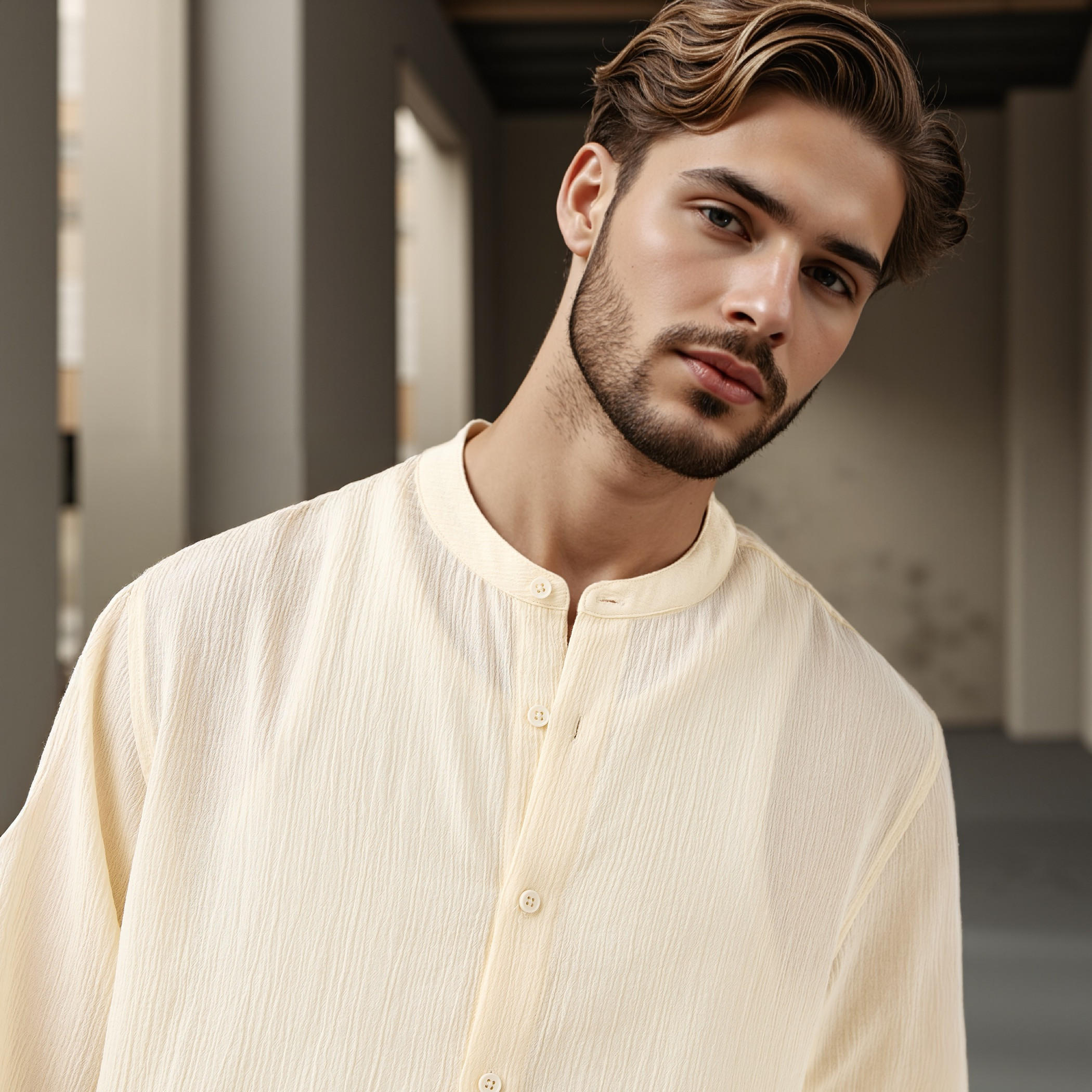 Regular Fit Textured Mandarin Collar Shirt-men-clothing-shirts-image-4