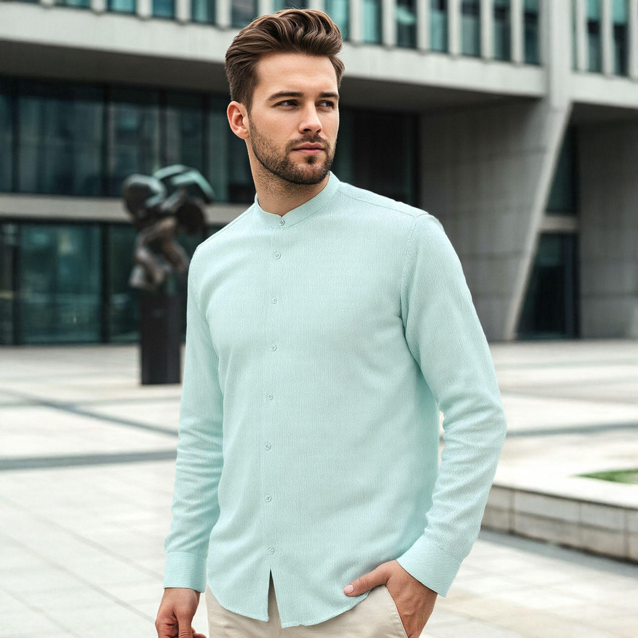 Regular Fit Textured Mandarin Collar Shirt-men-clothing-shirts-image-1