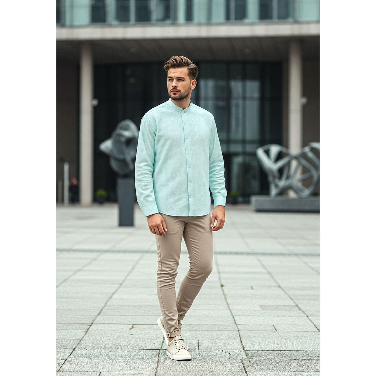 Regular Fit Textured Mandarin Collar Shirt-men-clothing-shirts-image-2