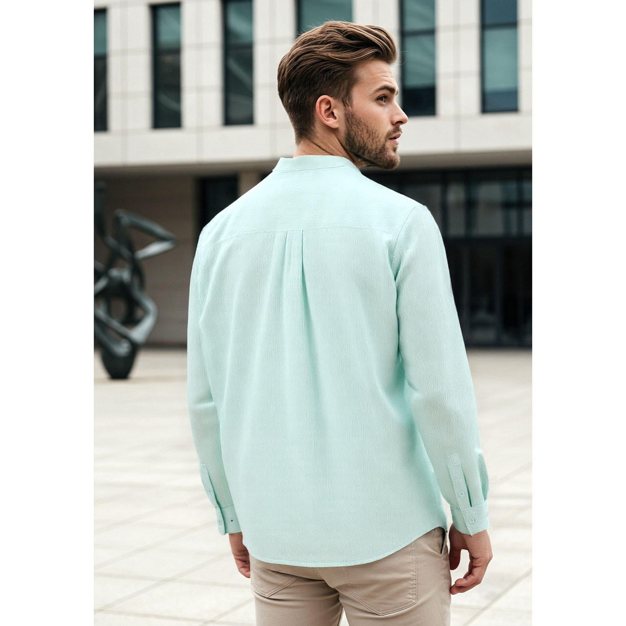 Regular Fit Textured Mandarin Collar Shirt-men-clothing-shirts-image-3