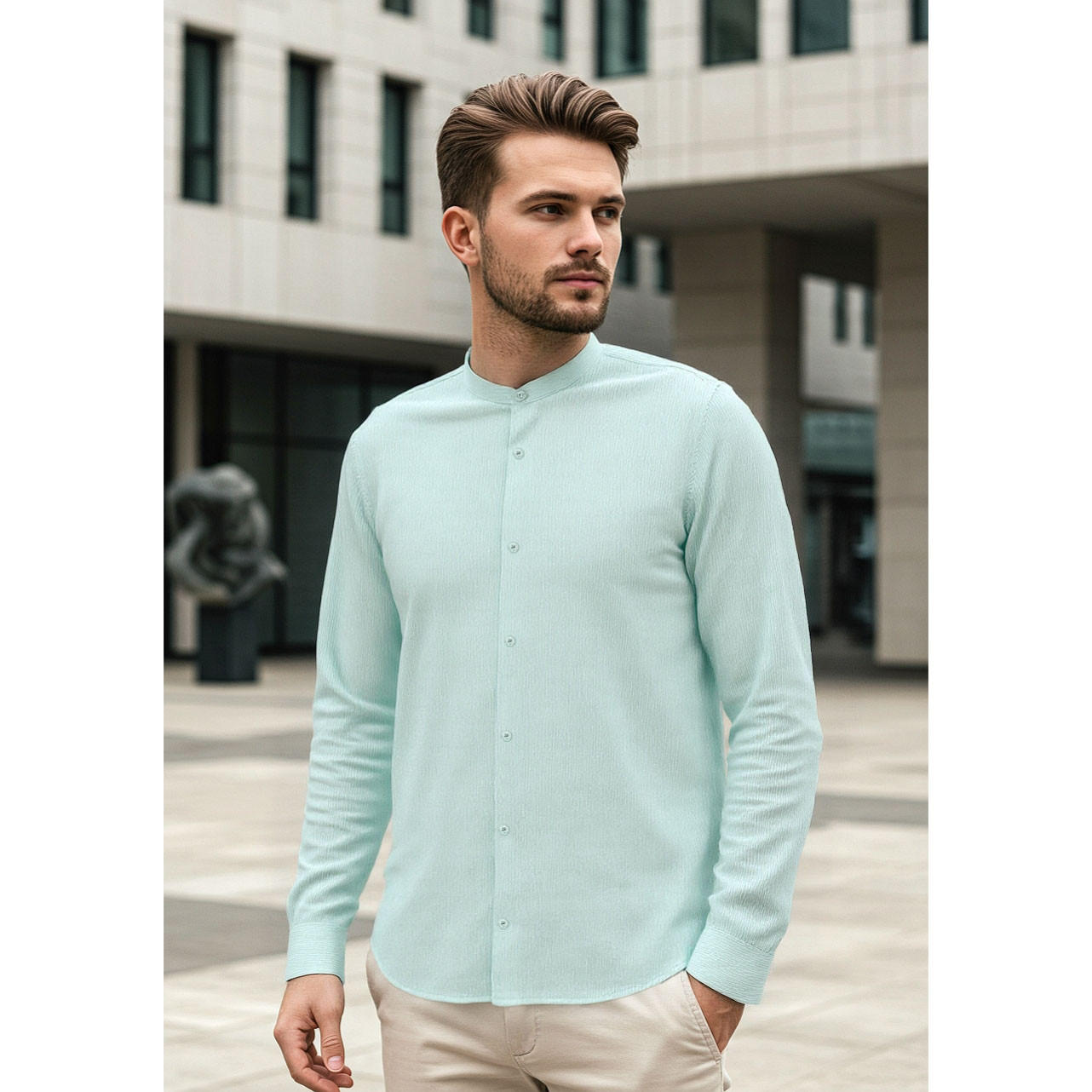 Regular Fit Textured Mandarin Collar Shirt-men-clothing-shirts-image-4