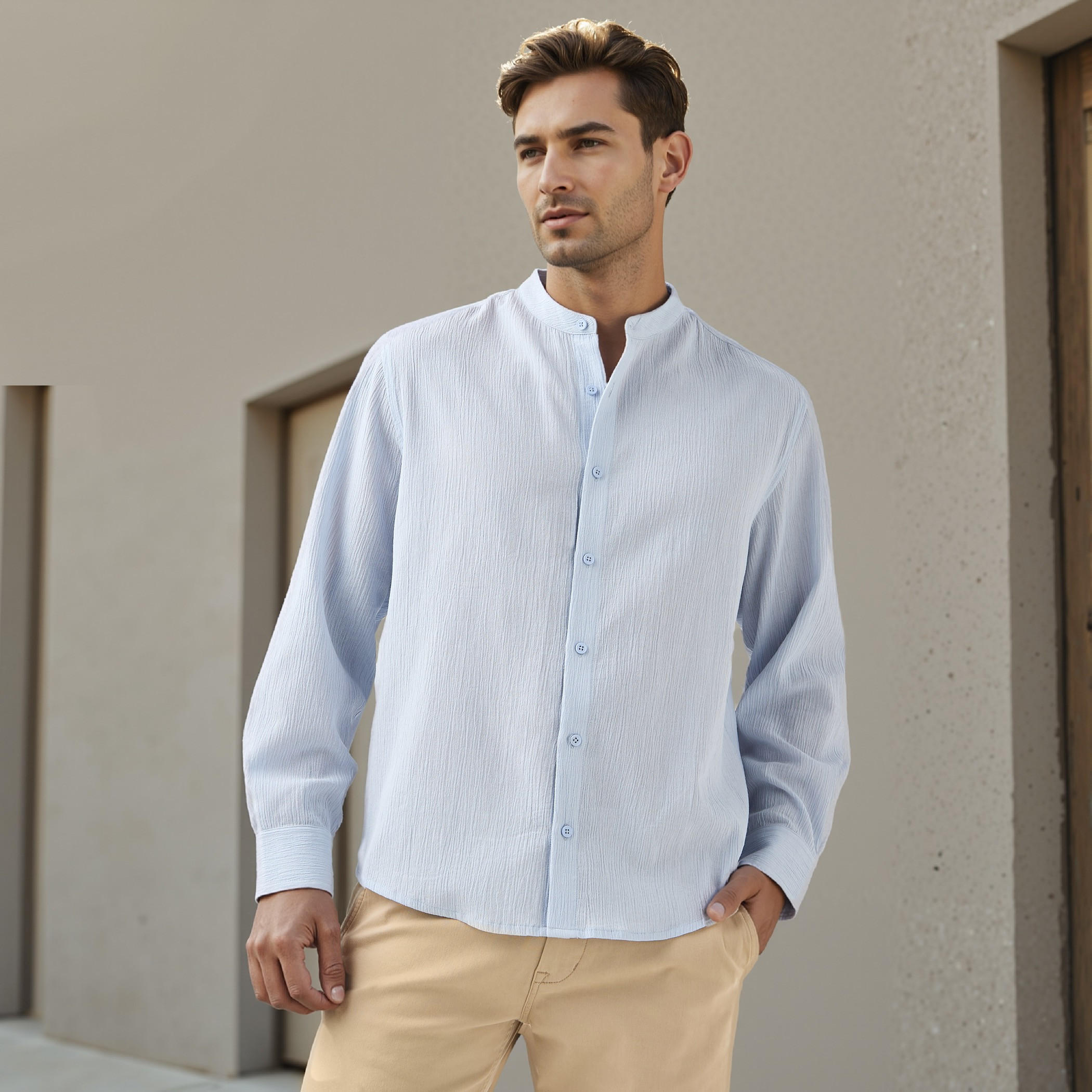 Regular Fit Textured Mandarin Collar Shirt-men-clothing-shirts-image-1