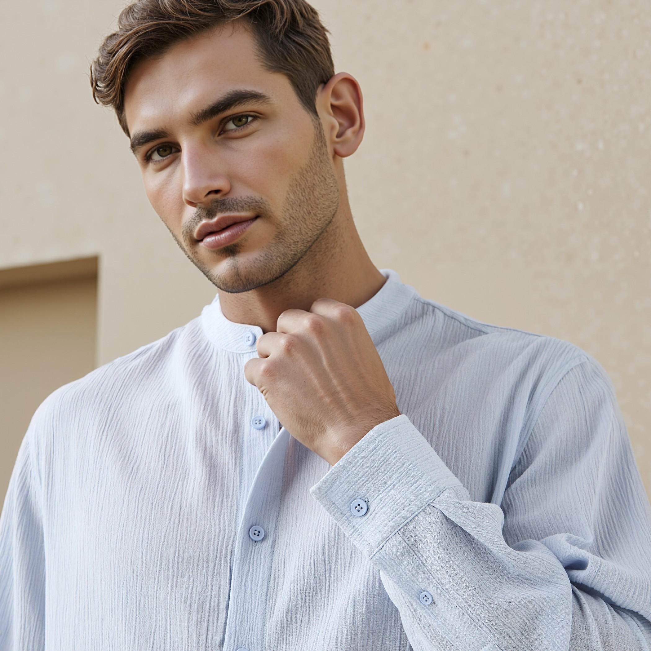 Regular Fit Textured Mandarin Collar Shirt-men-clothing-shirts-image-4