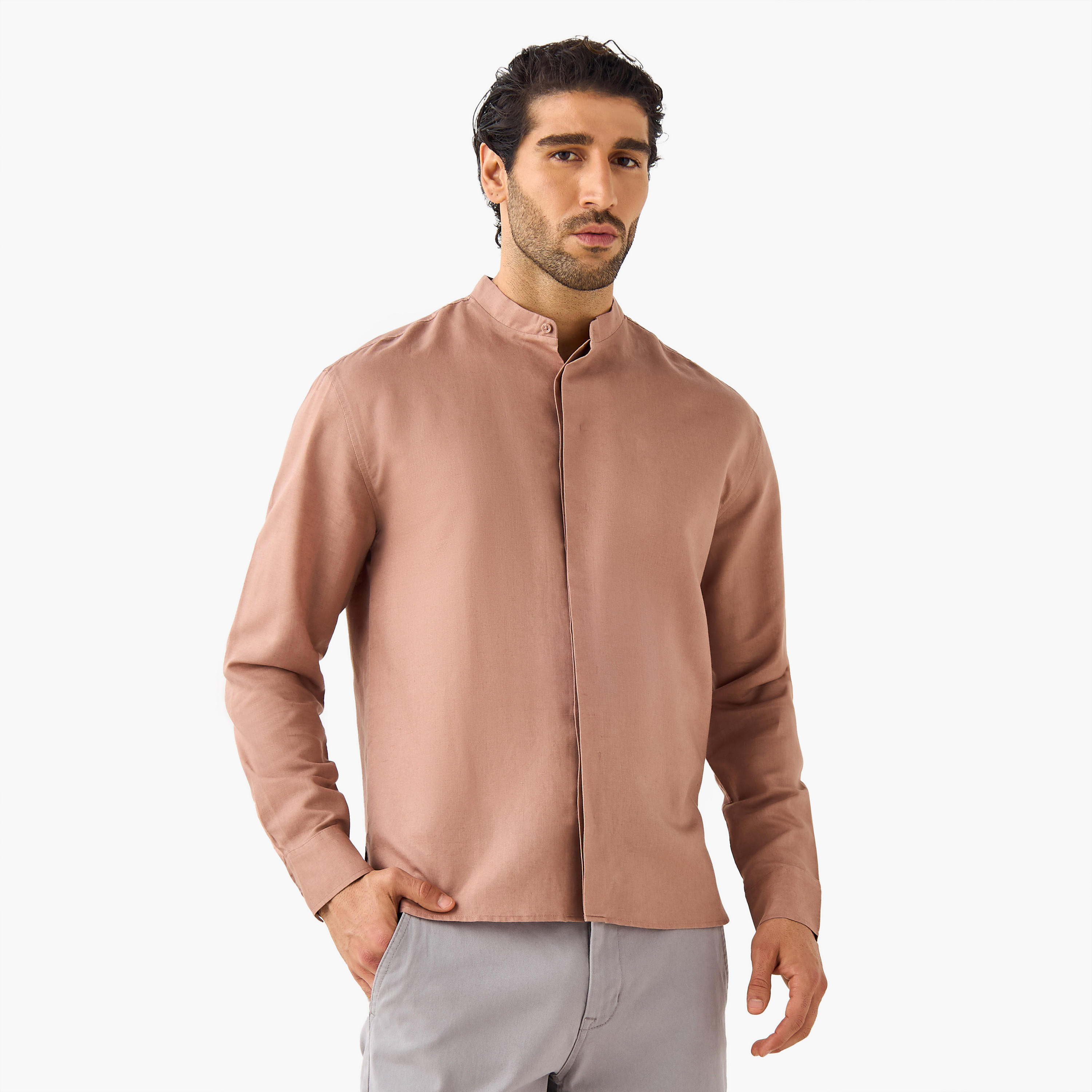 Regular Fit Mandarin Collar Linen Blend Shirt-men-clothing-shirts-image-1