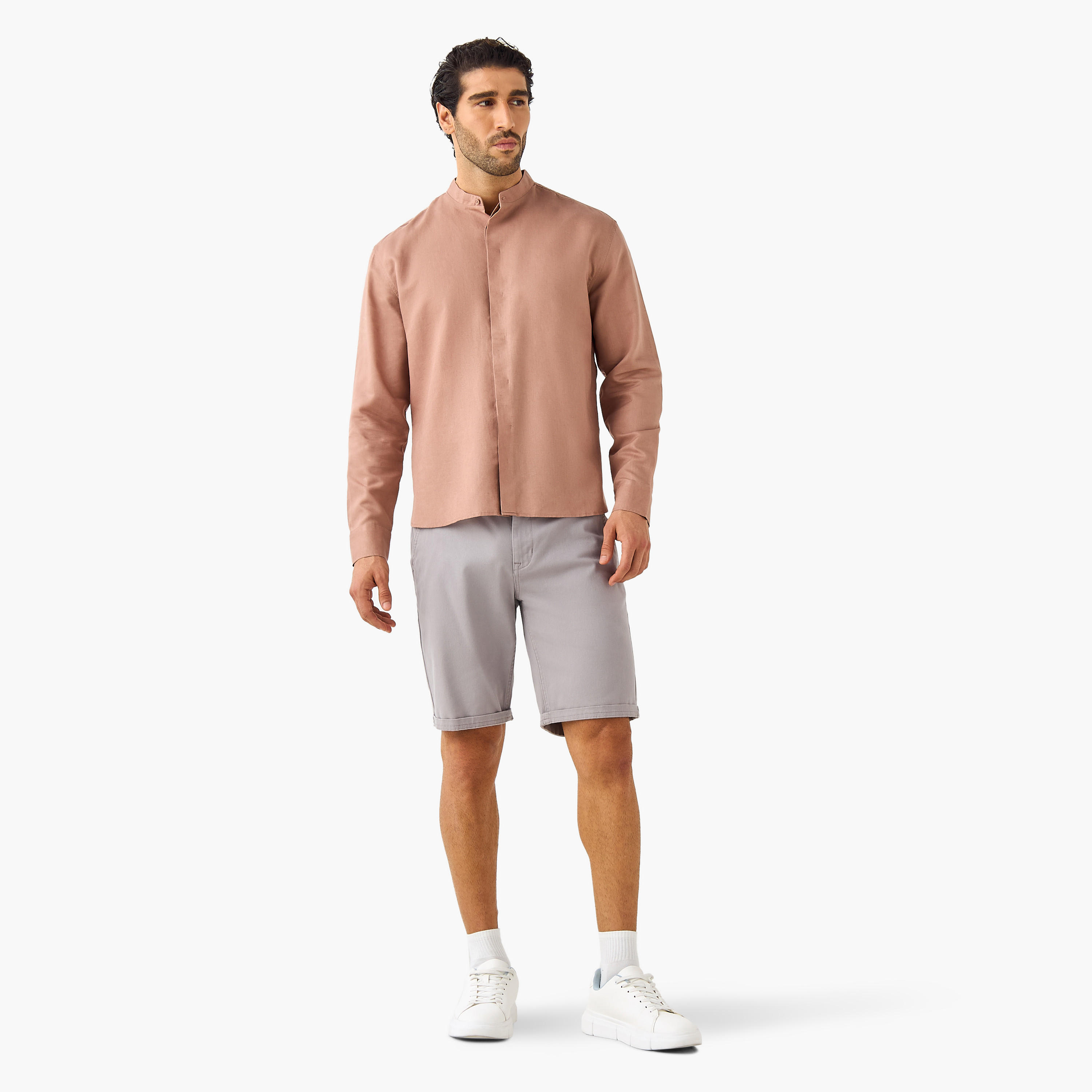 Regular Fit Mandarin Collar Linen Blend Shirt-men-clothing-shirts-image-2