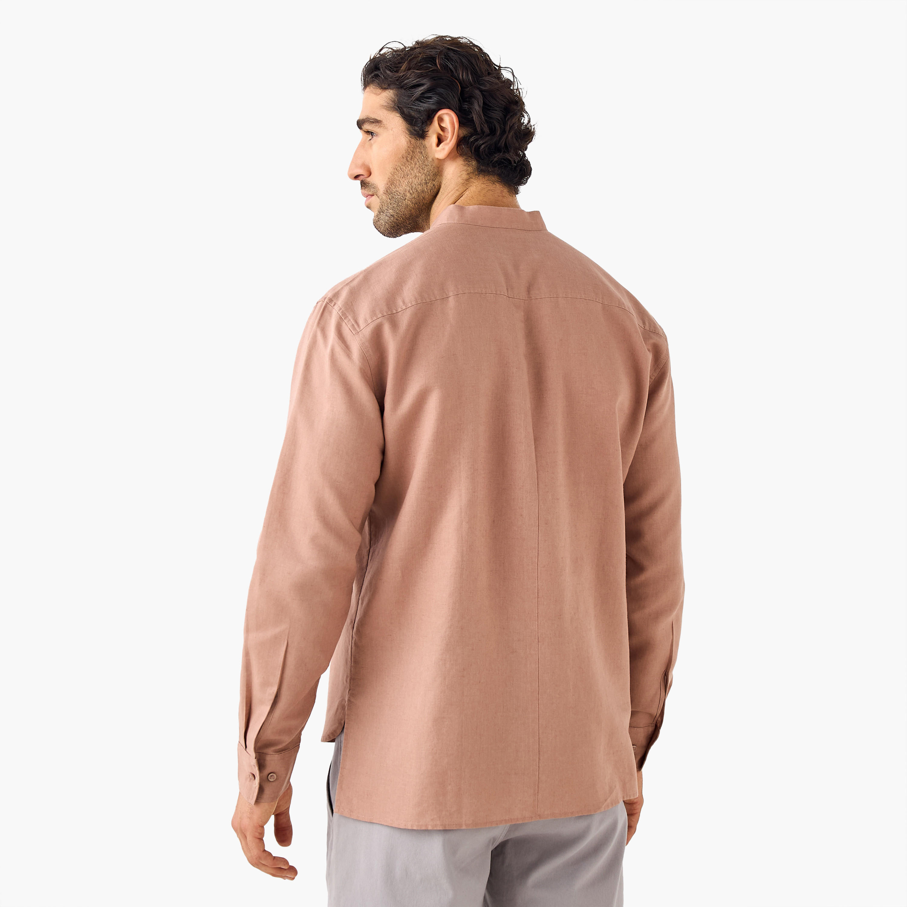 Regular Fit Mandarin Collar Linen Blend Shirt-men-clothing-shirts-image-3
