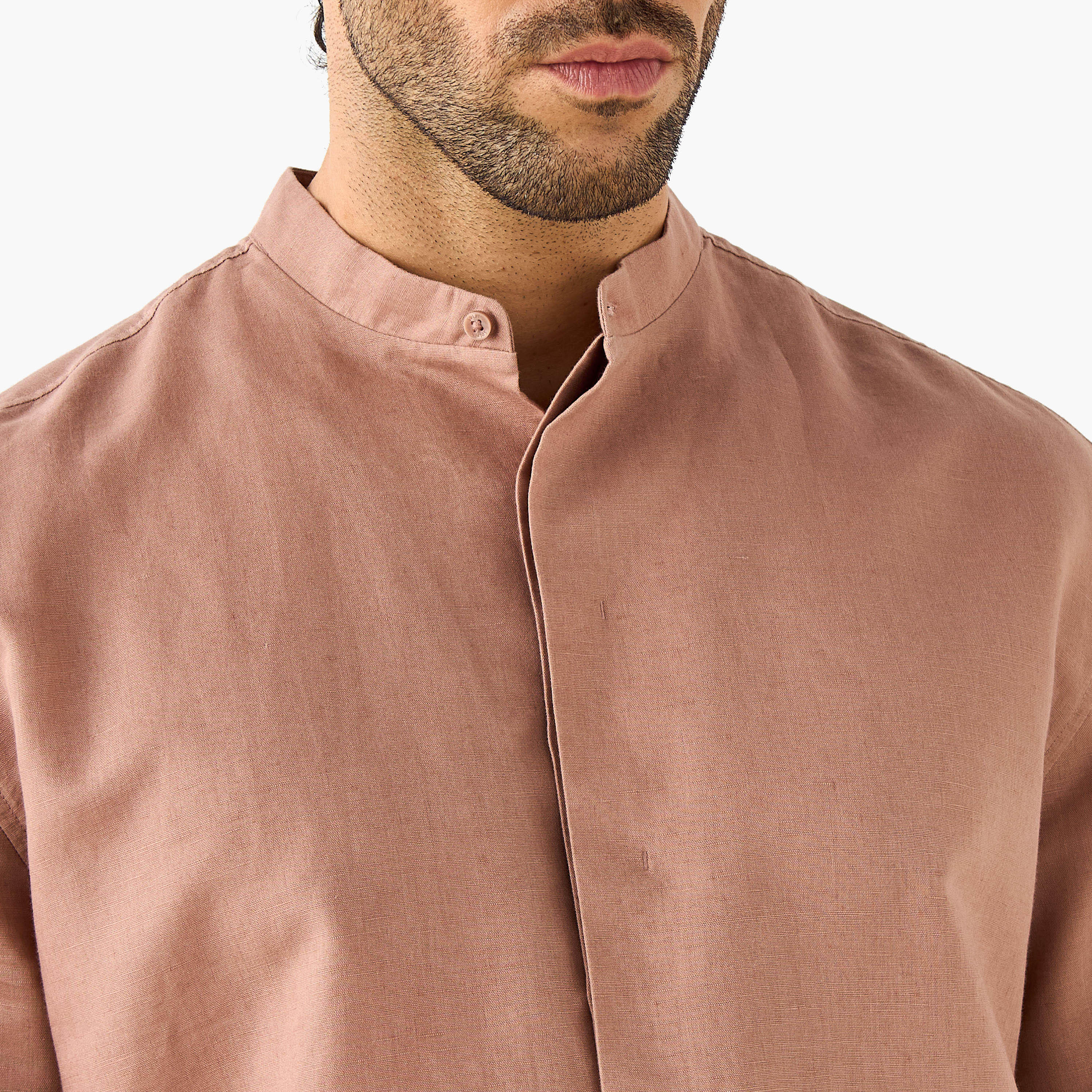 Regular Fit Mandarin Collar Linen Blend Shirt-men-clothing-shirts-image-4