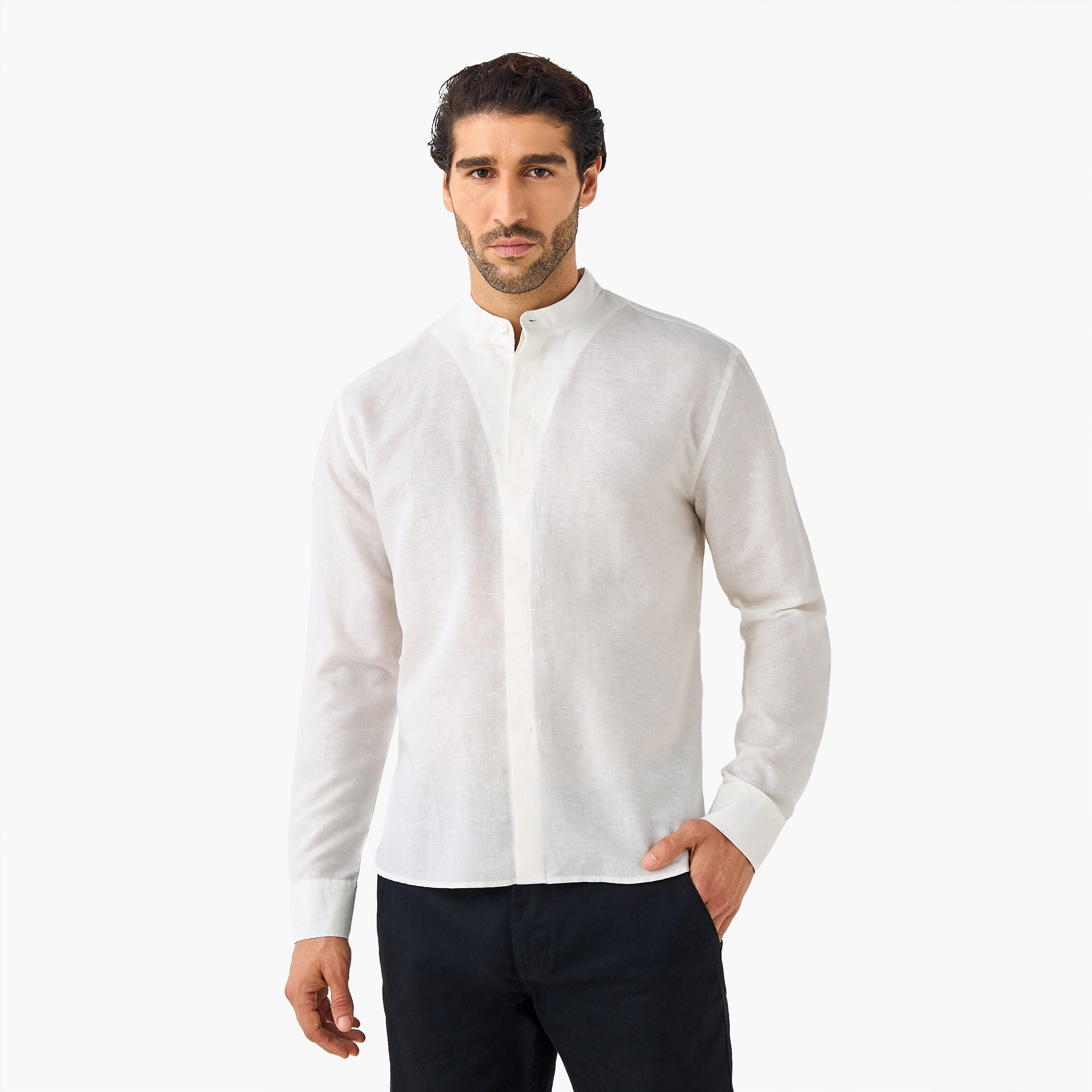 Regular Fit Mandarin Collar Linen Blend Shirt-men-clothing-shirts-image-1