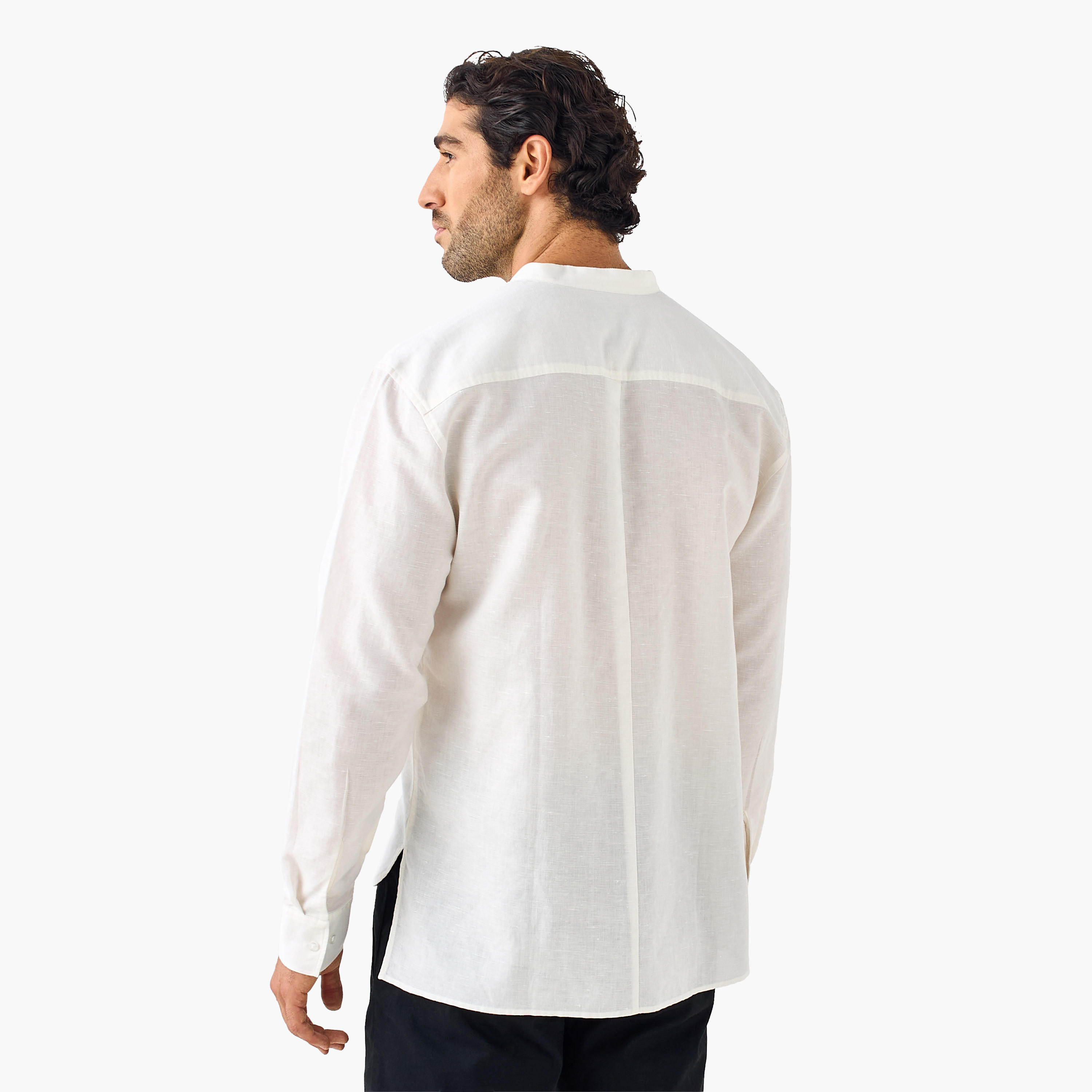 Regular Fit Mandarin Collar Linen Blend Shirt-men-clothing-shirts-image-3