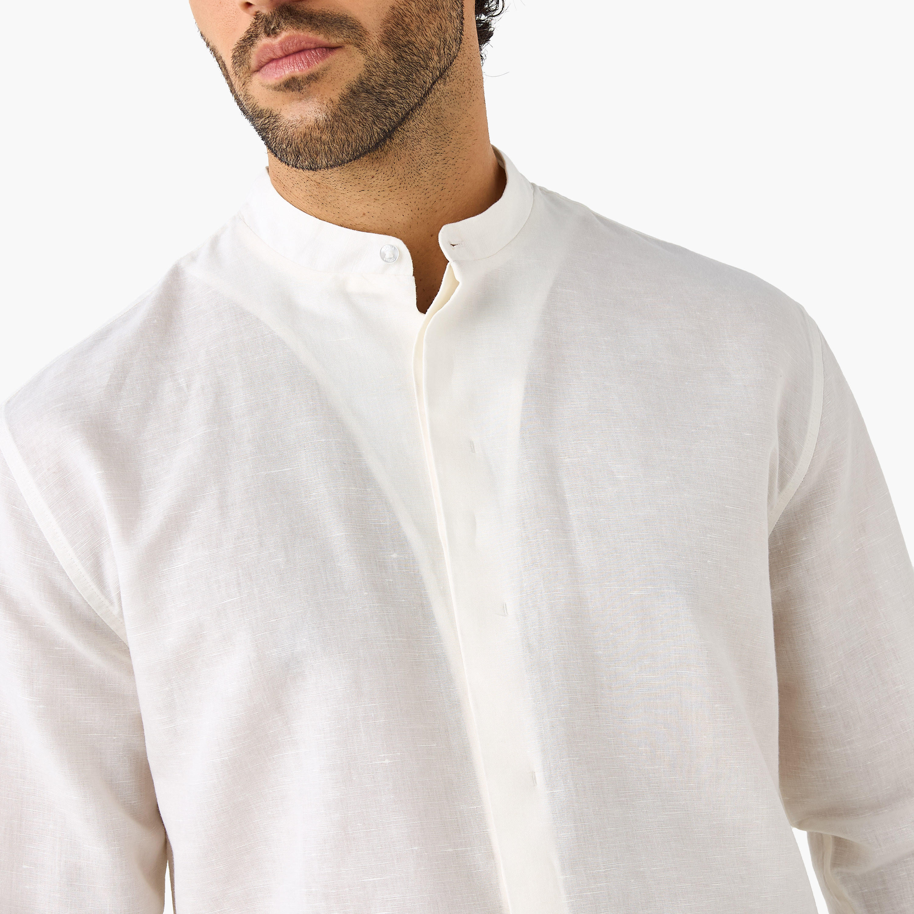 Regular Fit Mandarin Collar Linen Blend Shirt-men-clothing-shirts-image-4