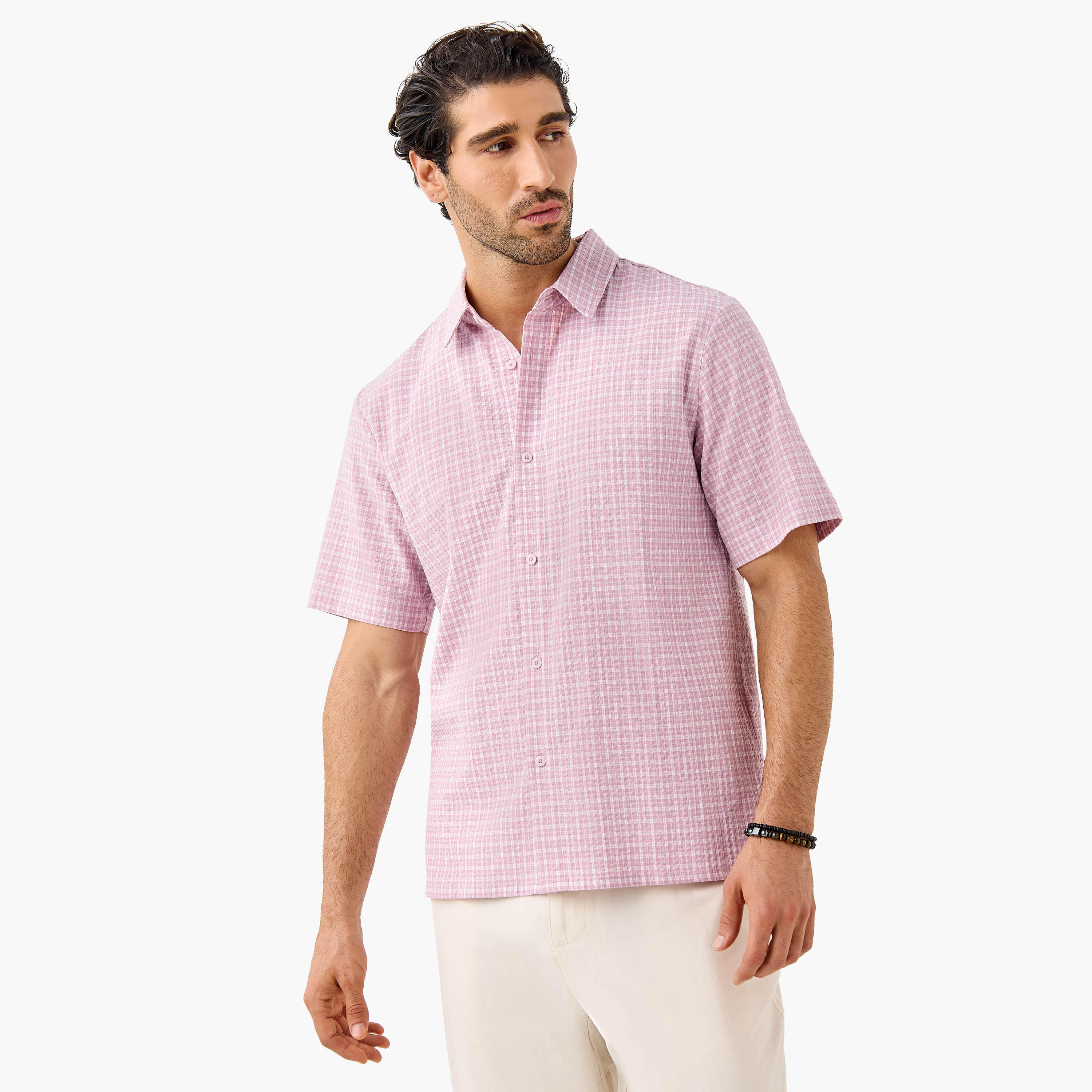 Regular Fit Seersucker Checked Shirt-men-clothing-shirts-image-1