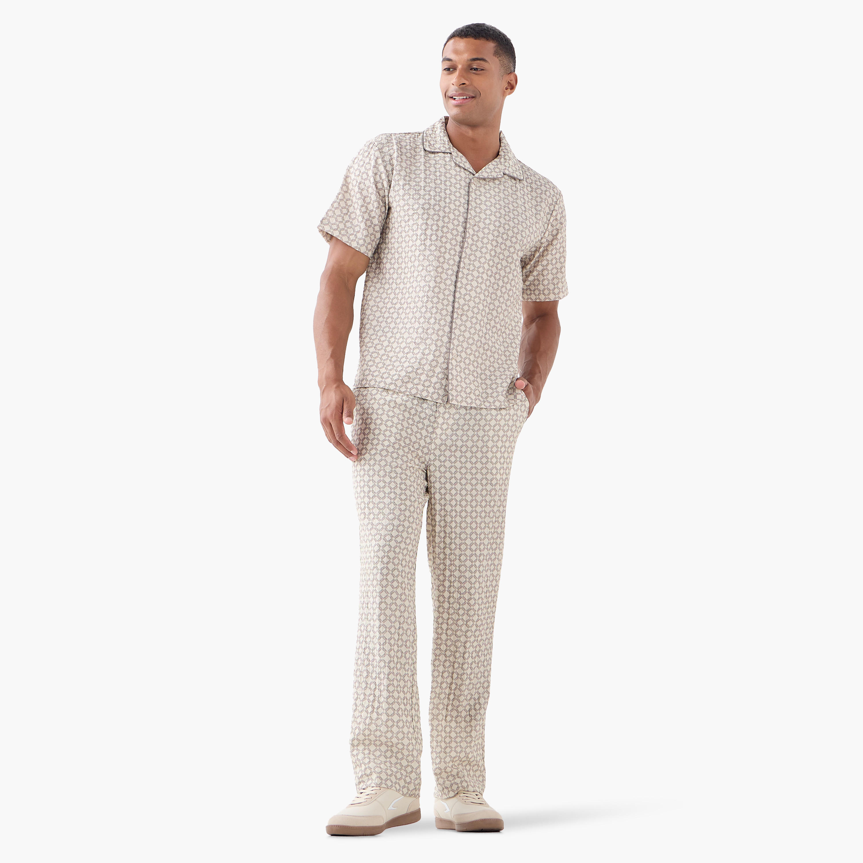 Emperor Regular Fit Printed Linen Blend Shirt with Camp Collar-men-clothing-shirts-image-2