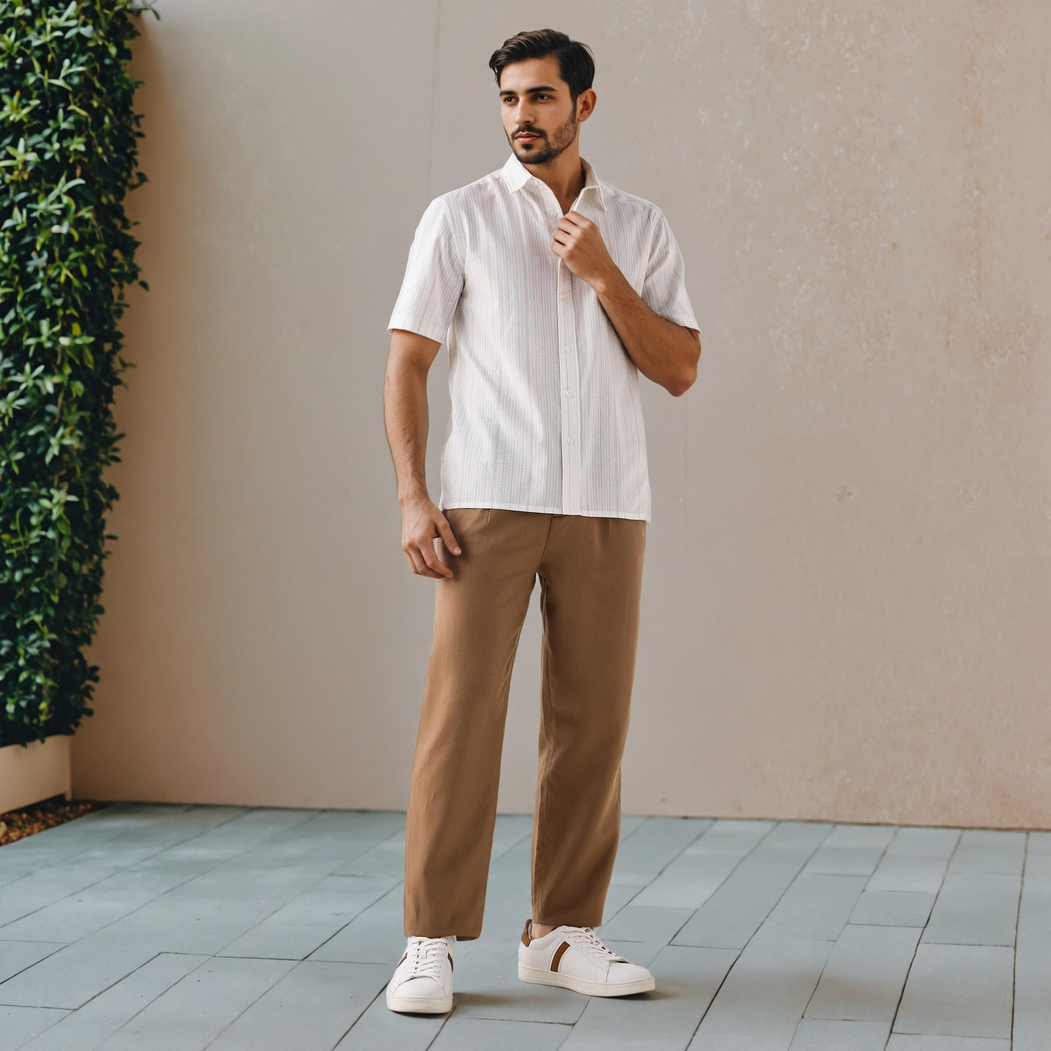 بنطلون كتان بكسرات وقصة مريحة وخصر مرن-men-clothing-bottoms-trousersandchinos-trousers-image-2