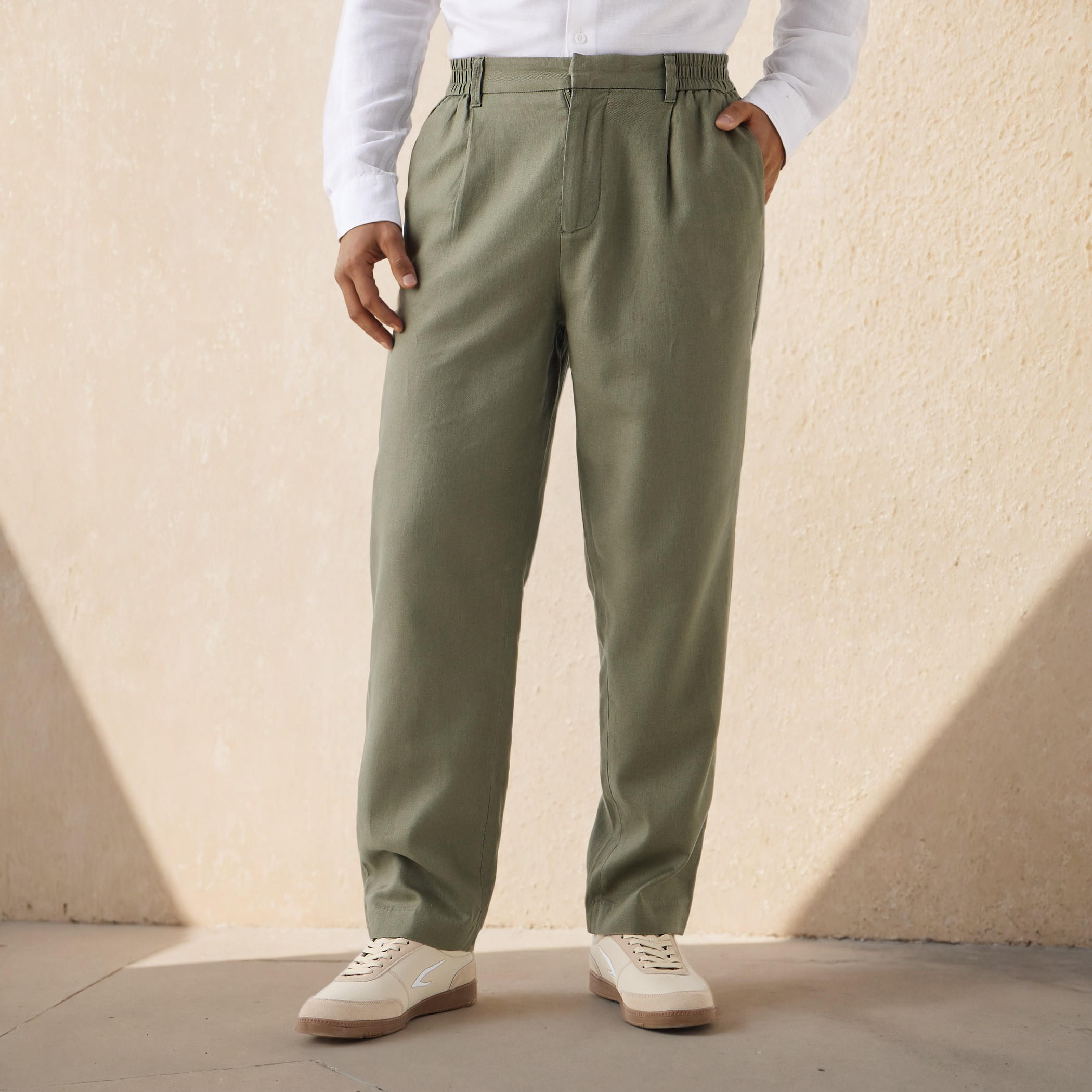 Relaxed Fit Pleated Linen Flexi Waist Trousers-men-clothing-bottoms-trousersandchinos-trousers-image-1