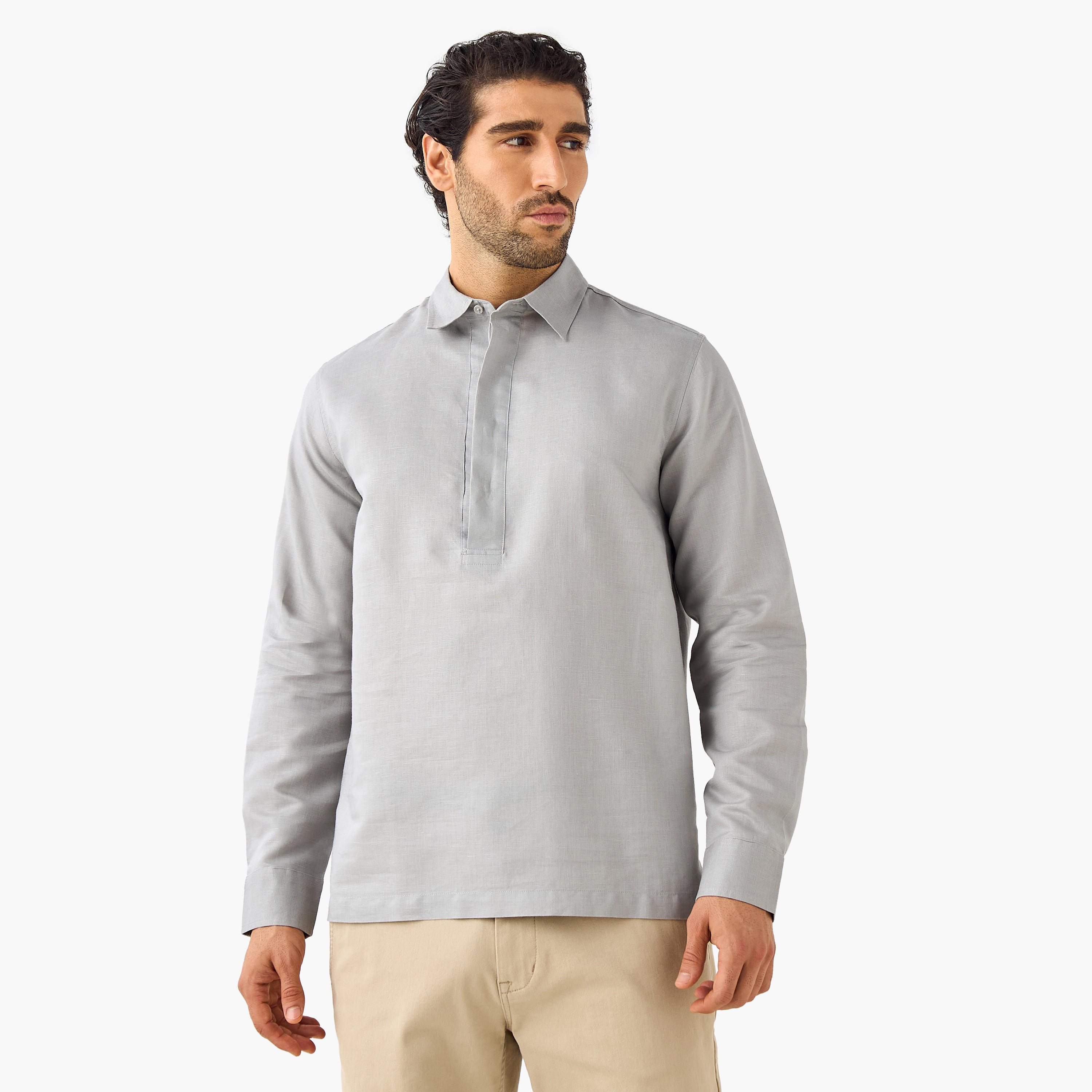 Regular Fit Linen Blend Half Placket Shirt-men-clothing-shirts-image-1