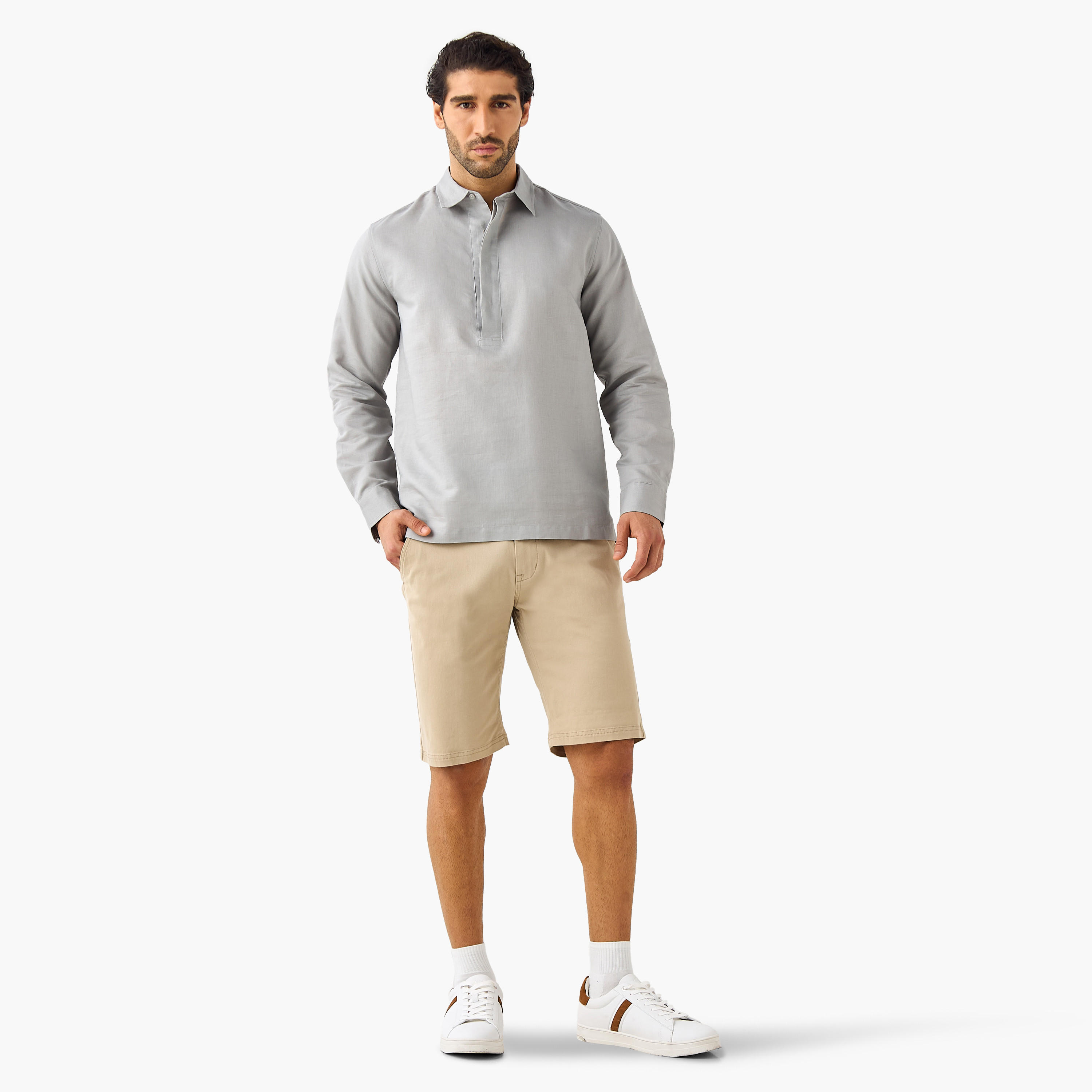 Regular Fit Linen Blend Half Placket Shirt-men-clothing-shirts-image-2
