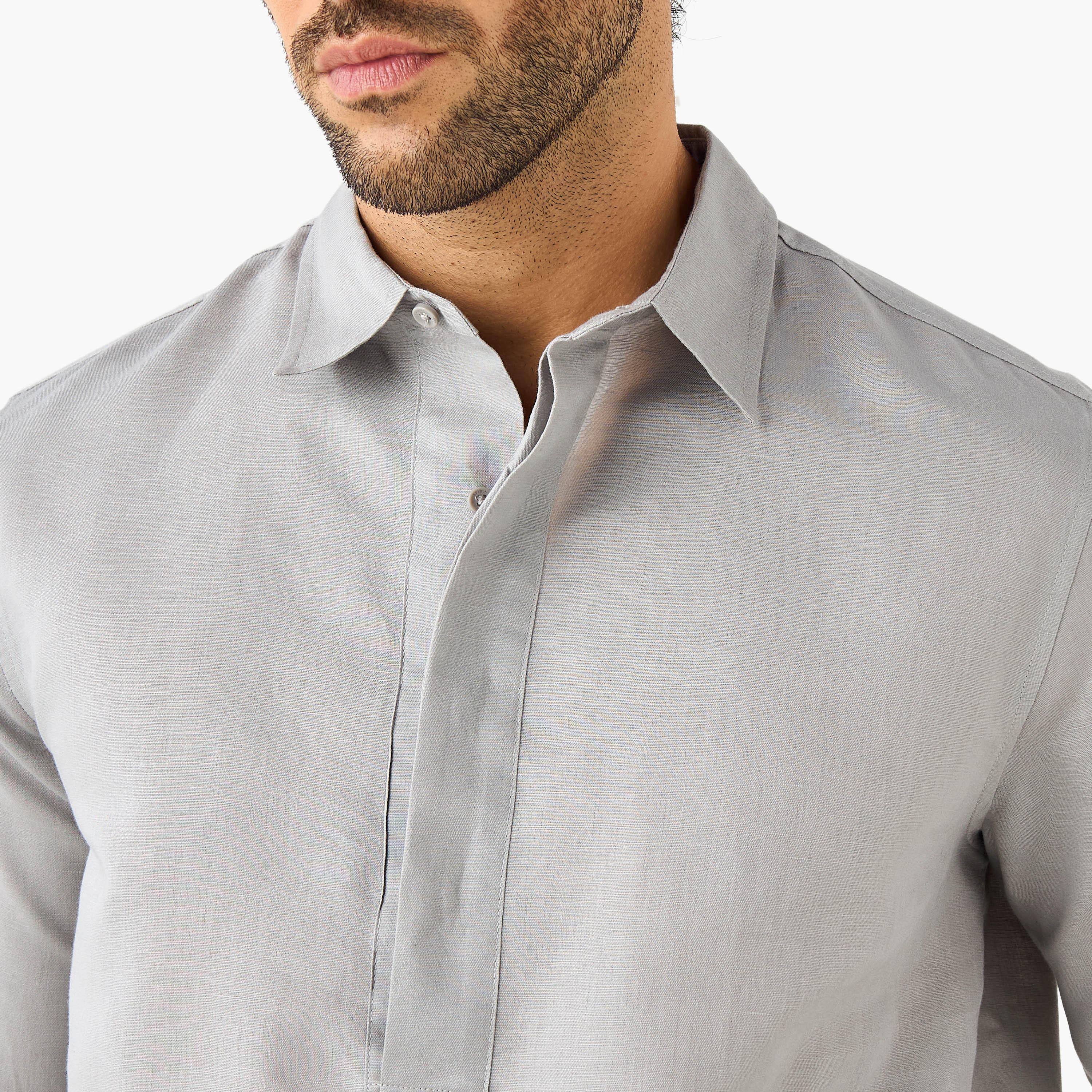 Regular Fit Linen Blend Half Placket Shirt-men-clothing-shirts-image-4