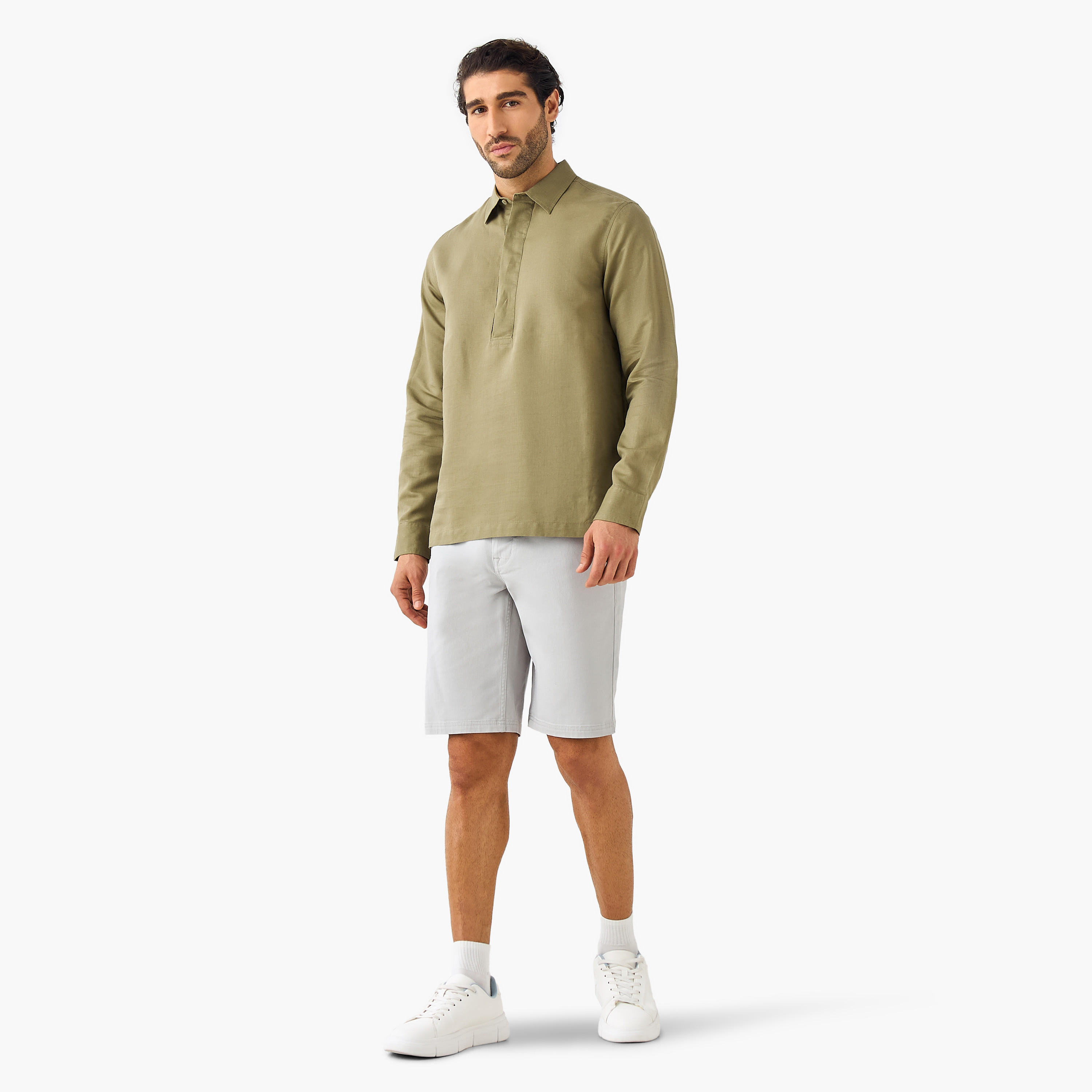 قميص من مزيج الكتان بقصة عادية ونصف وصلة أزرار-men-clothing-shirts-image-4