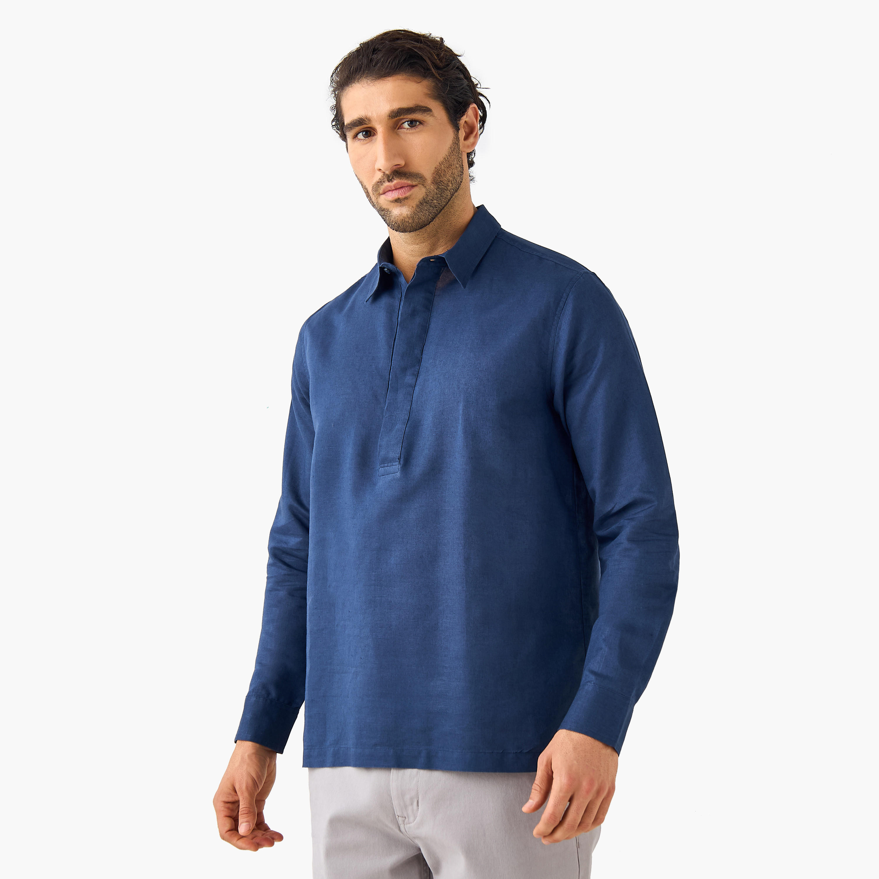 Regular Fit Linen Blend Half Placket Shirt-men-clothing-shirts-image-1