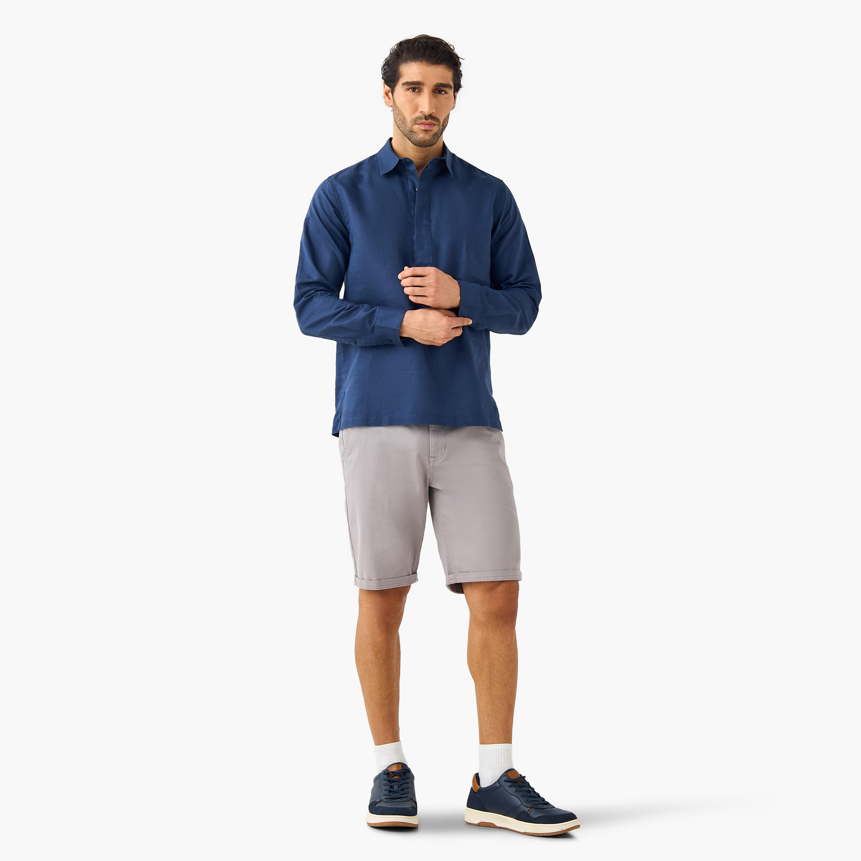 Regular Fit Linen Blend Half Placket Shirt-men-clothing-shirts-image-2