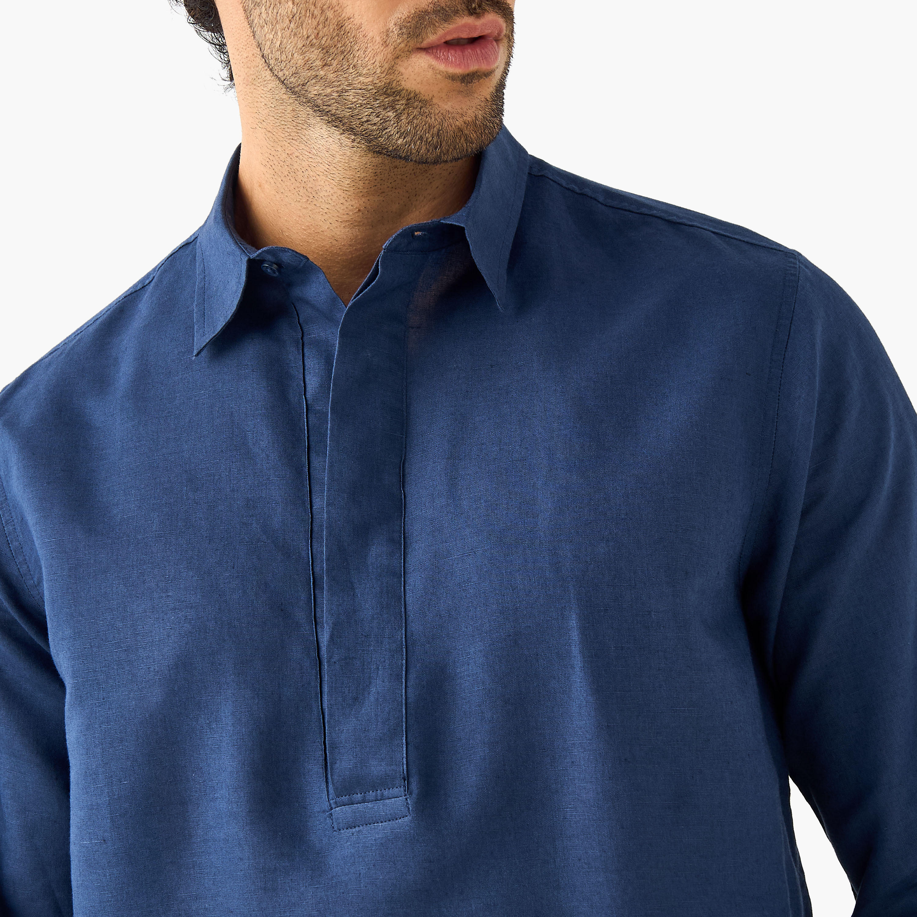 Regular Fit Linen Blend Half Placket Shirt-men-clothing-shirts-image-4