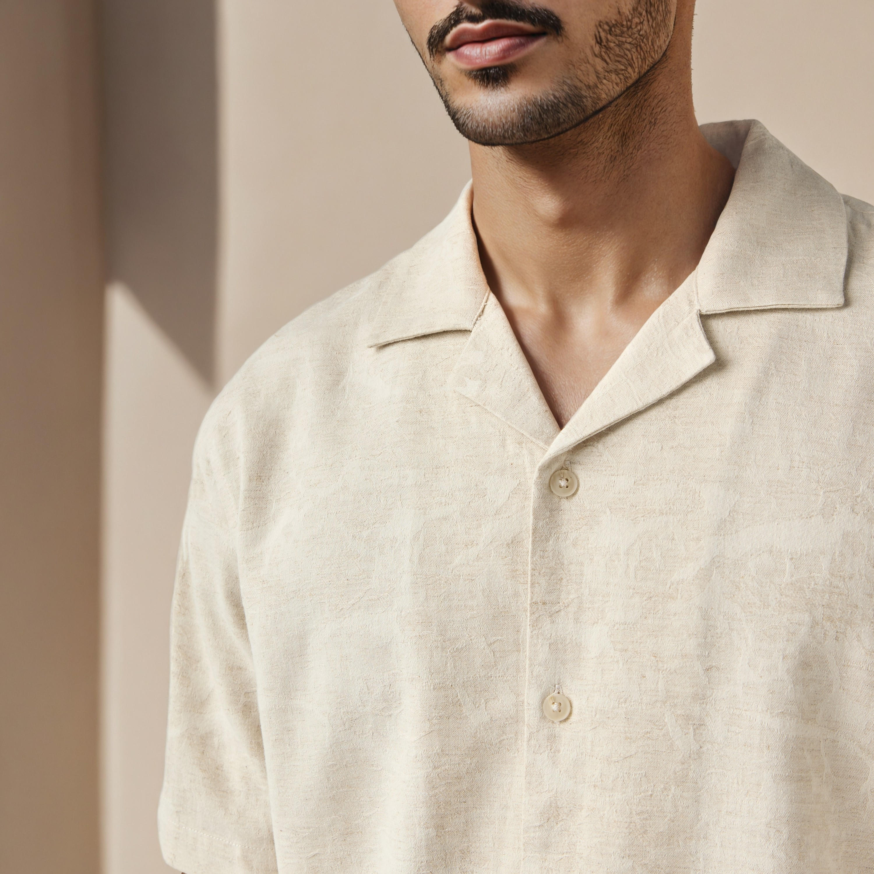 Regular Fit Textured Camp Collar Linen Blend Shirt-men-clothing-shirts-image-4