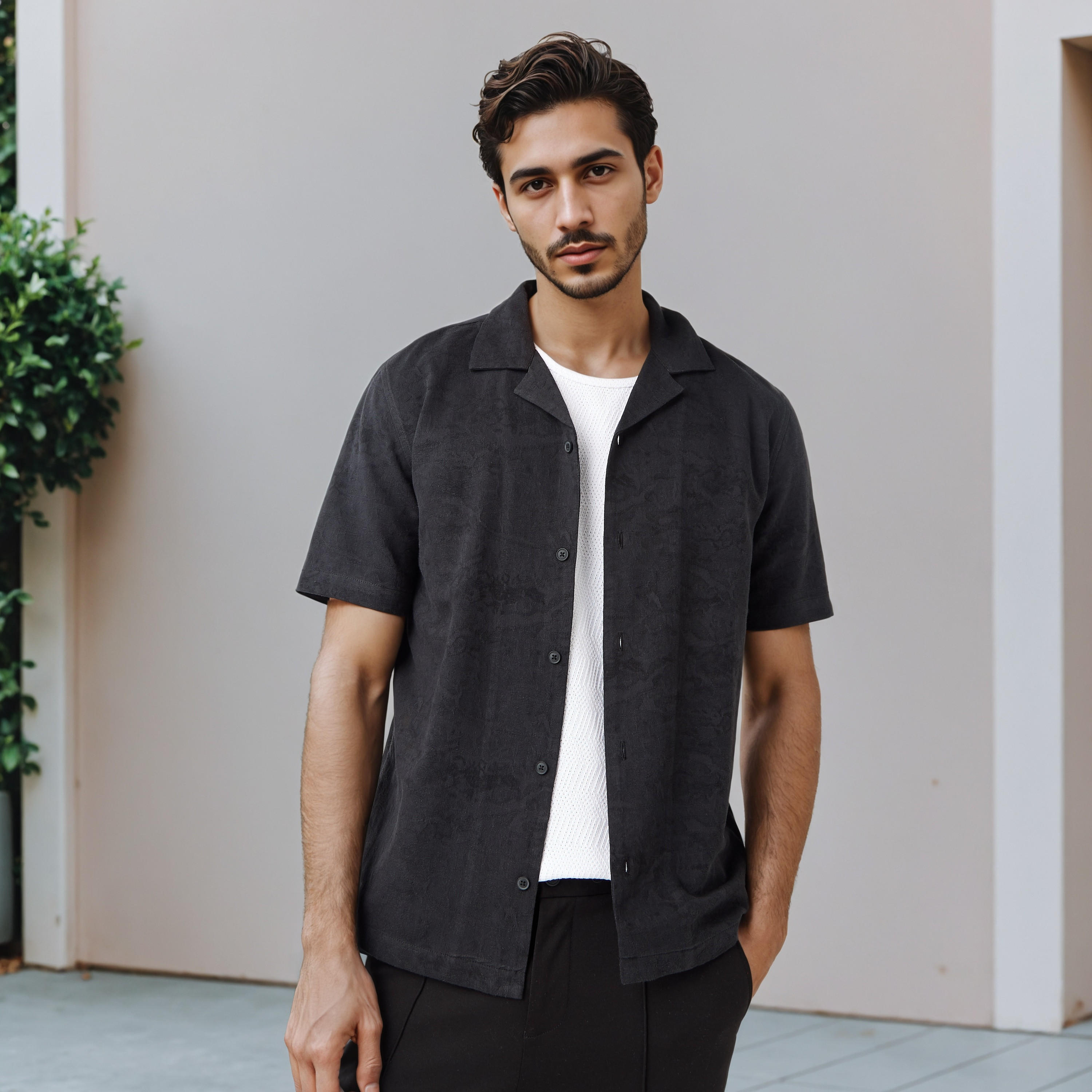 Regular Fit Textured Camp Collar Linen Blend Shirt-men-clothing-shirts-image-1
