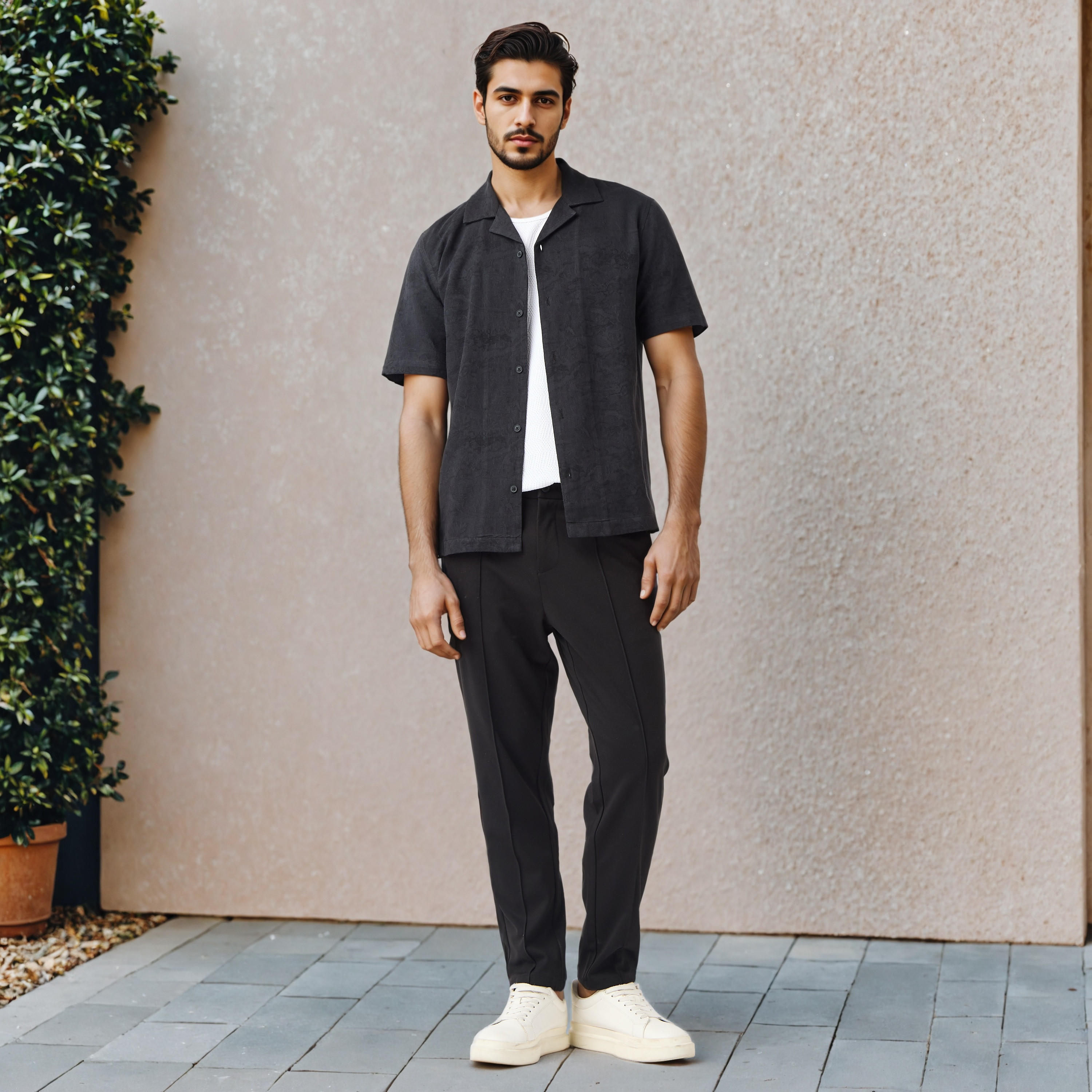 Regular Fit Textured Camp Collar Linen Blend Shirt-men-clothing-shirts-image-2