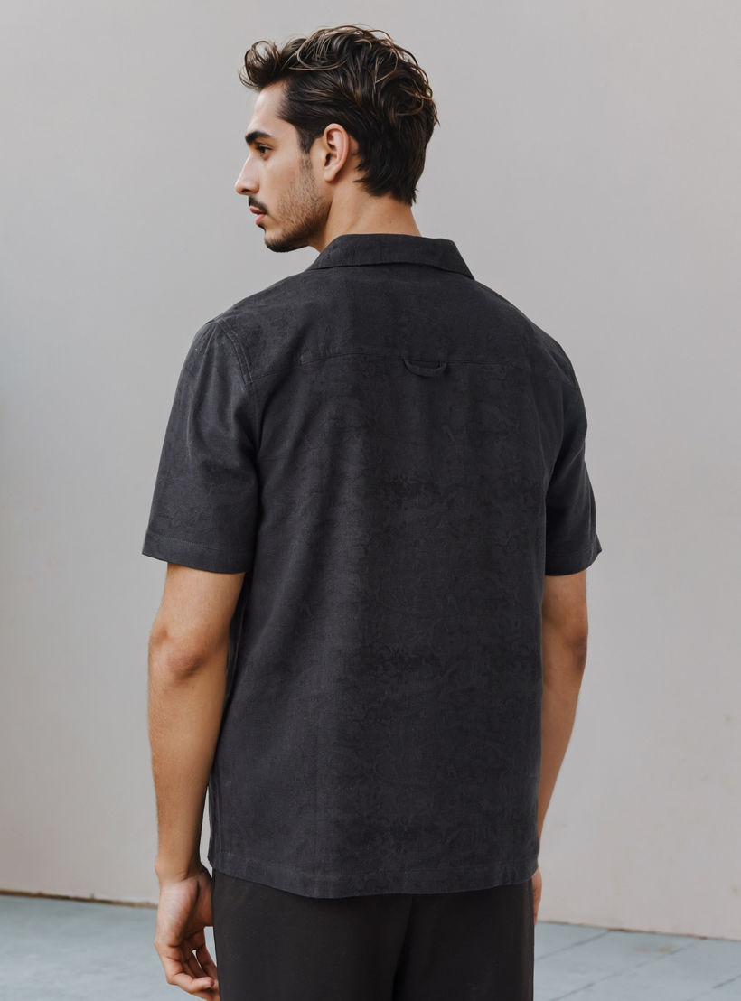 Regular Fit Textured Camp Collar Linen Blend Shirt-men-clothing-shirts-image-3