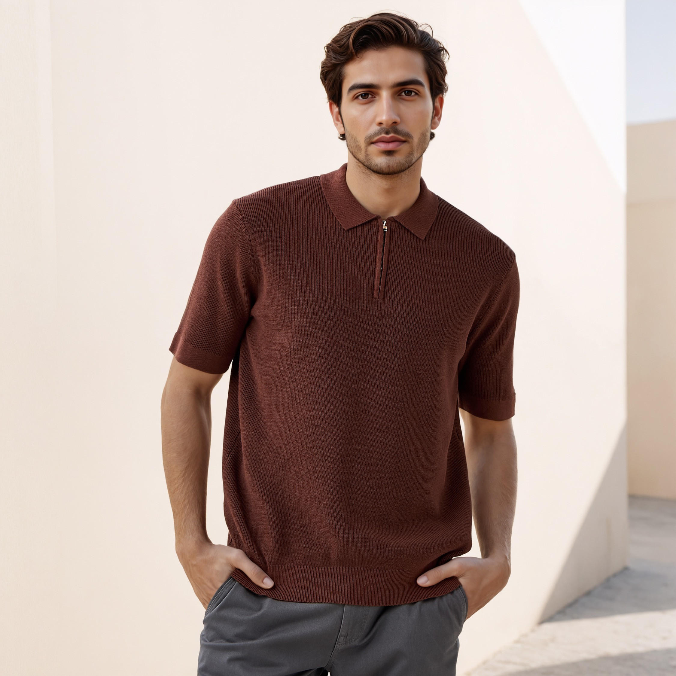 Textured Half Zip Polo T-shirt-men-clothing-sweatersandpullovers-image-1