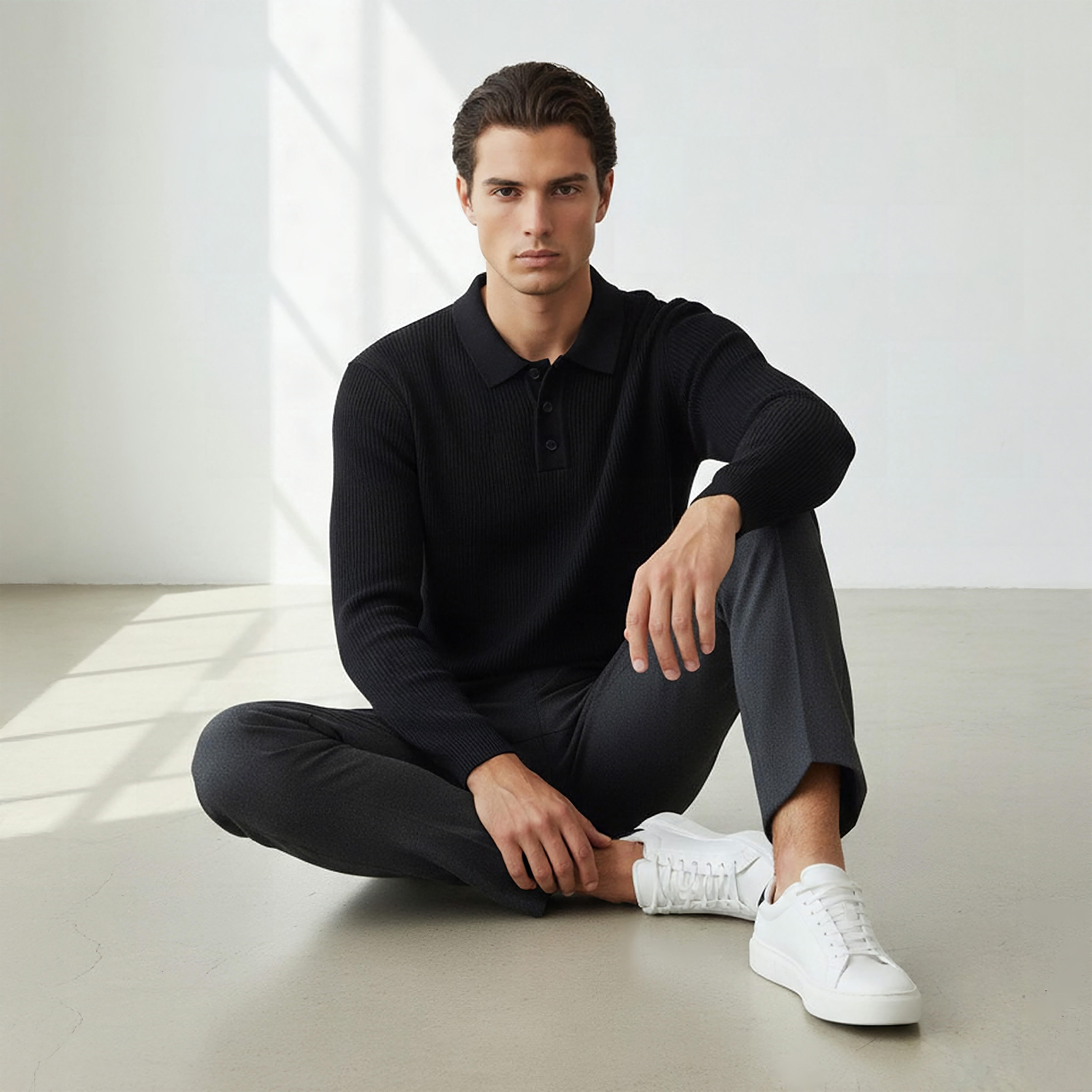 Textured Polo Collar Sweatshirt with Long Sleeves-men-winterwear-hoodiesandsweatshirts-image-5