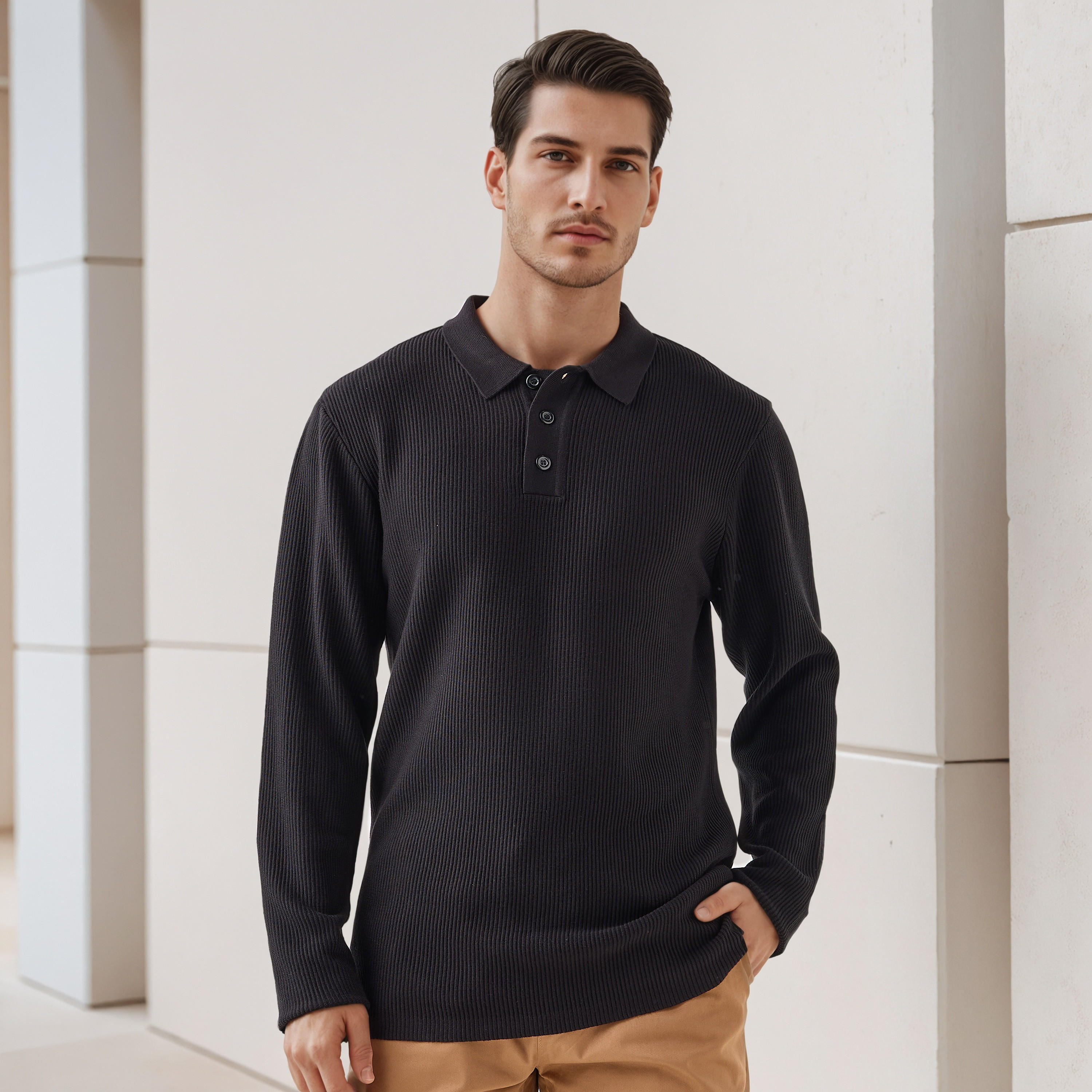 Textured Polo Collar Sweatshirt with Long Sleeves-men-winterwear-hoodiesandsweatshirts-image-6