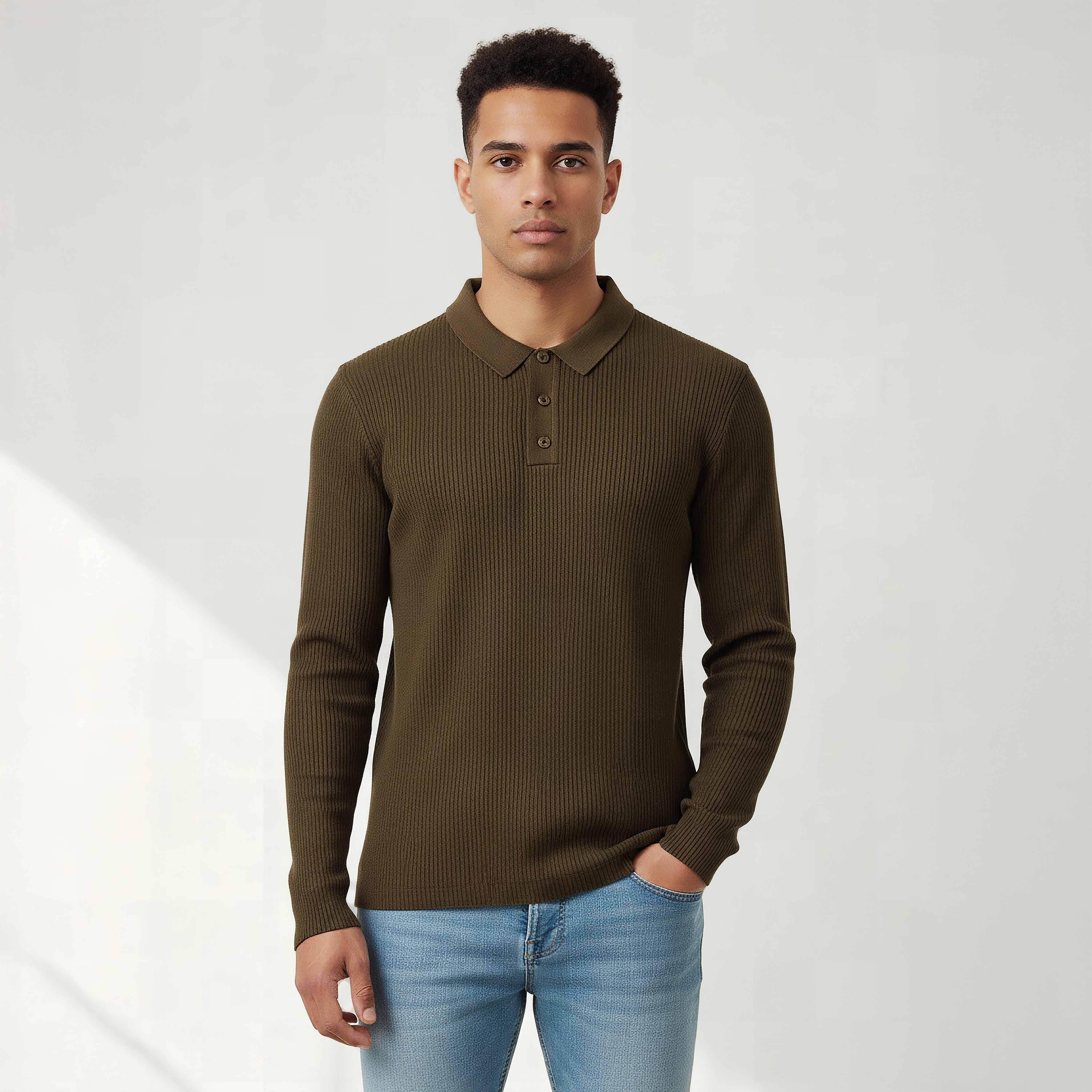 Textured Polo Collar Sweatshirt with Long Sleeves-men-winterwear-hoodiesandsweatshirts-image-1
