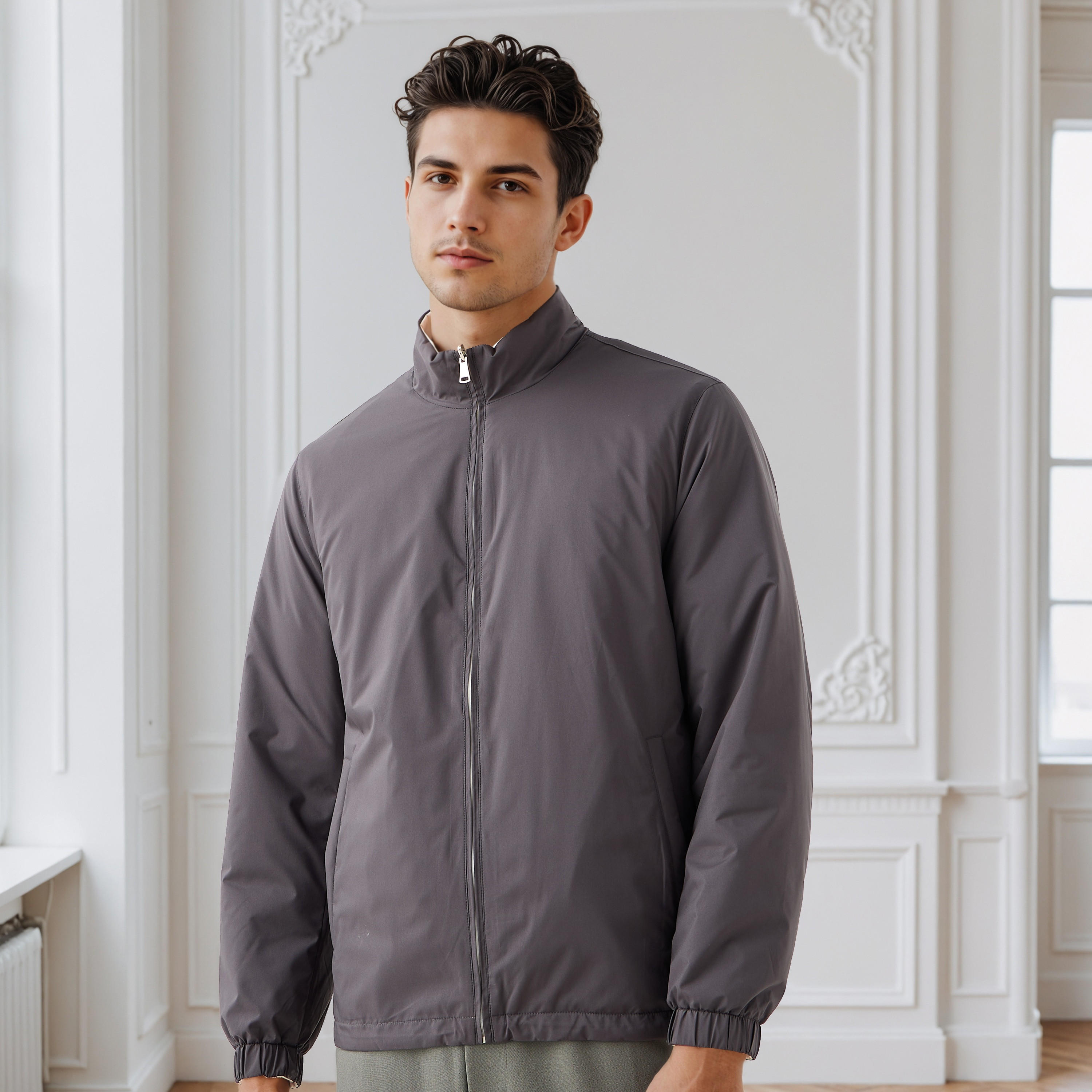 جاكيت رجالي على الوجهين بقصة عادية وياقة عالية-men-clothing-jacketsandblazers-jackets-image-1