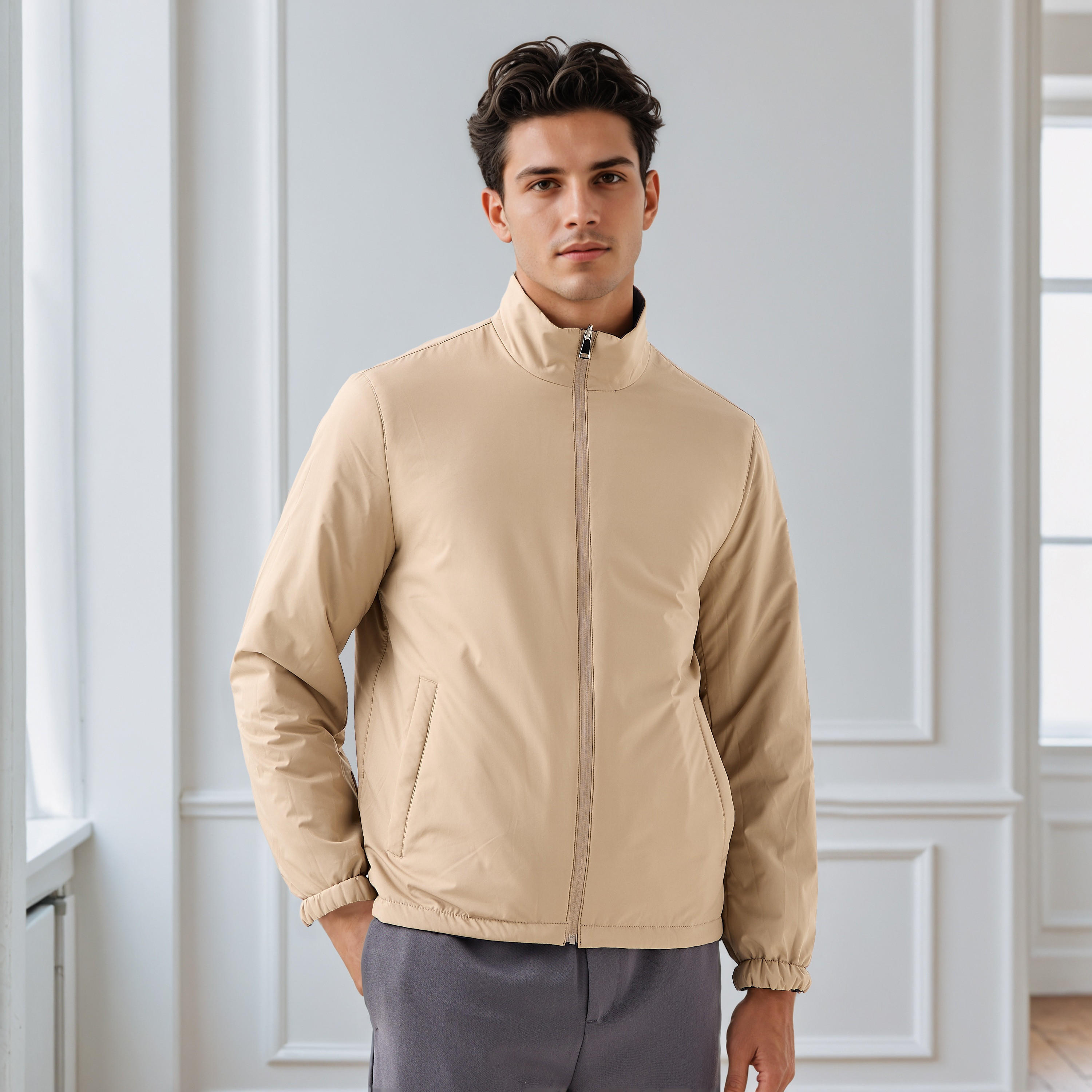 جاكيت رجالي على الوجهين بقصة عادية وياقة عالية-men-clothing-jacketsandblazers-jackets-image-5