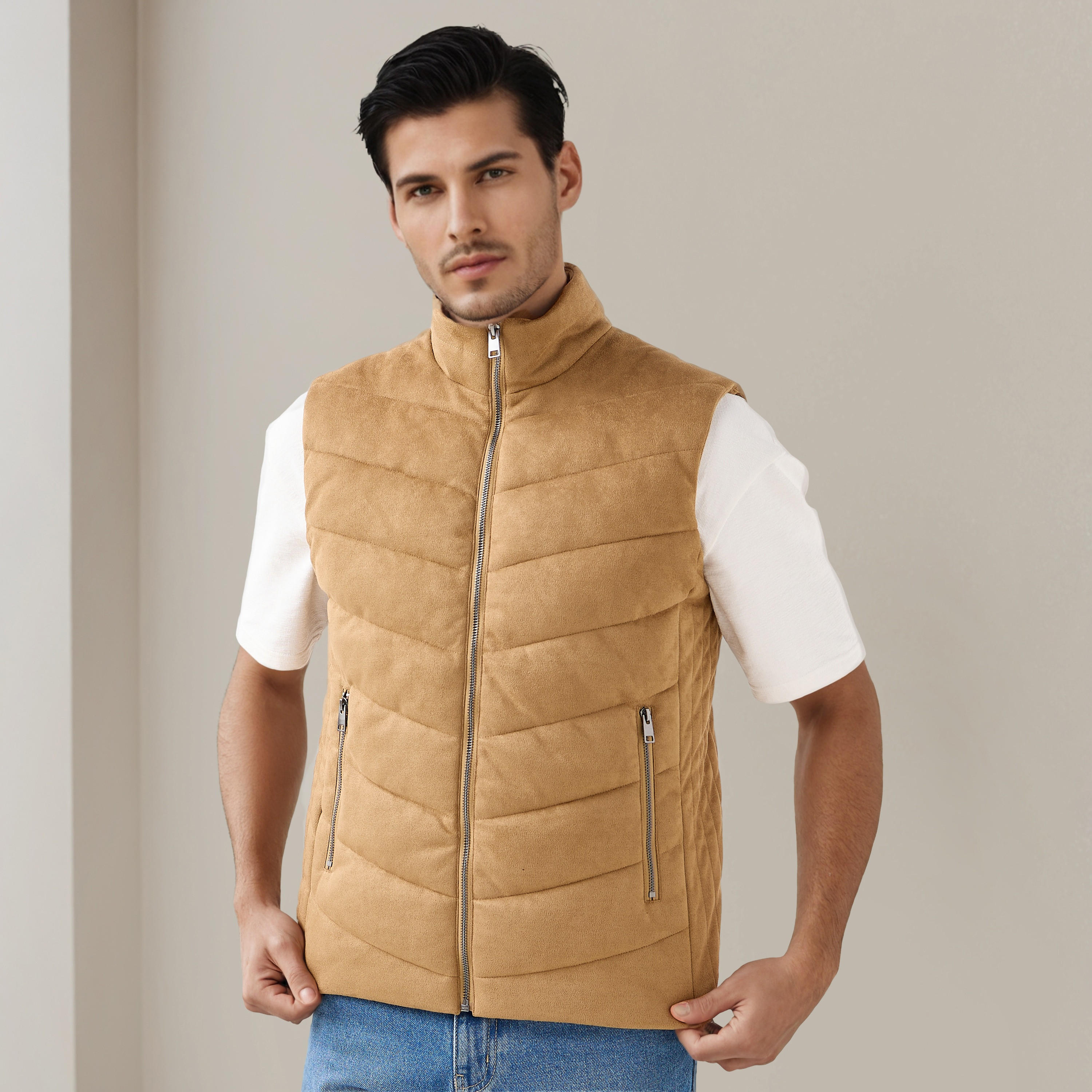 Men Regular Fit Suede High Neck Sleeveless Jacket-men-clothing-jacketsandblazers-jackets-image-1