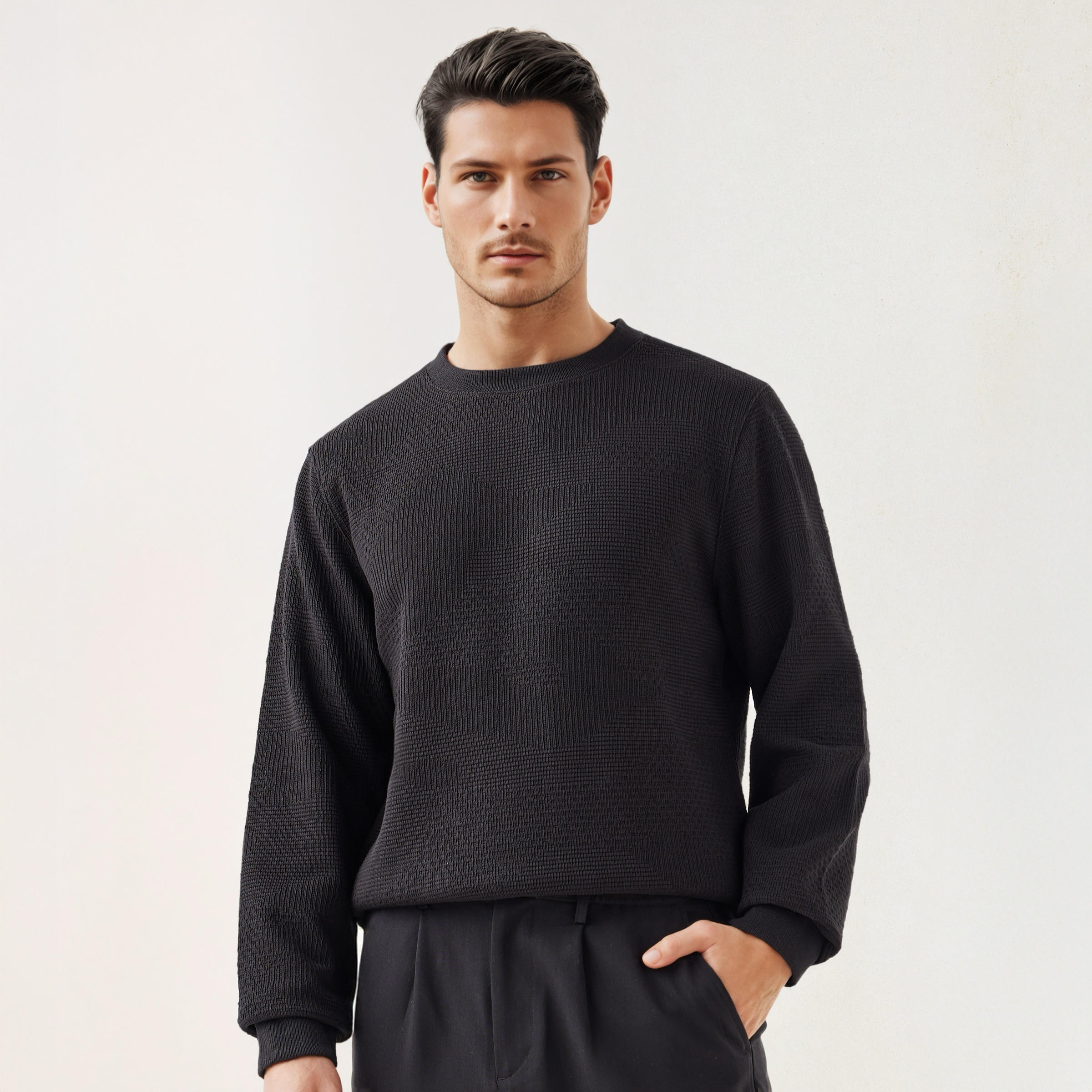 Textured Jacquard Sweatshirt with Crew Neck-men-winterwear-hoodiesandsweatshirts-image-1