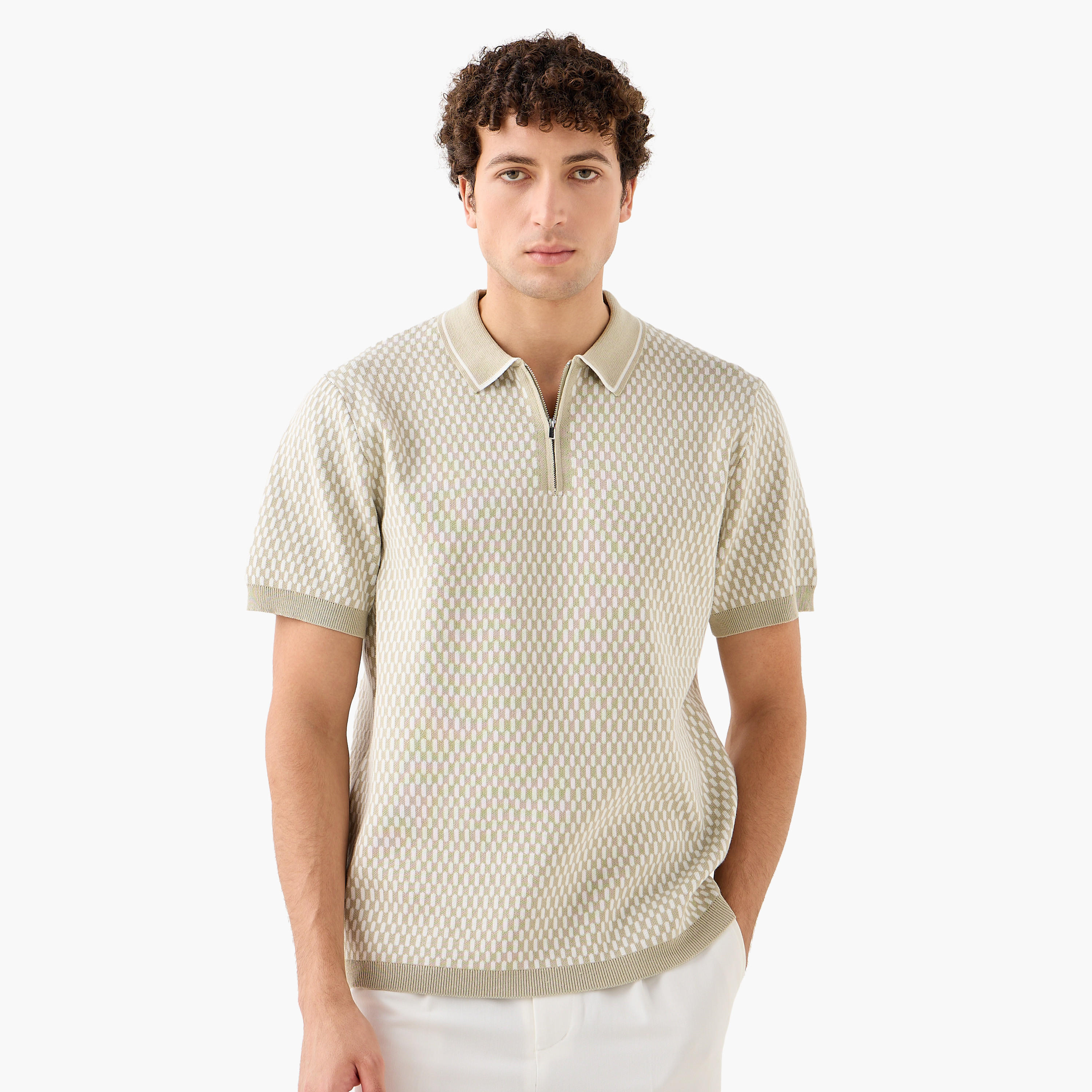 Textured Polo T-shirt with Zip Closure-men-clothing-tshirtsandpolos-polos-image-1