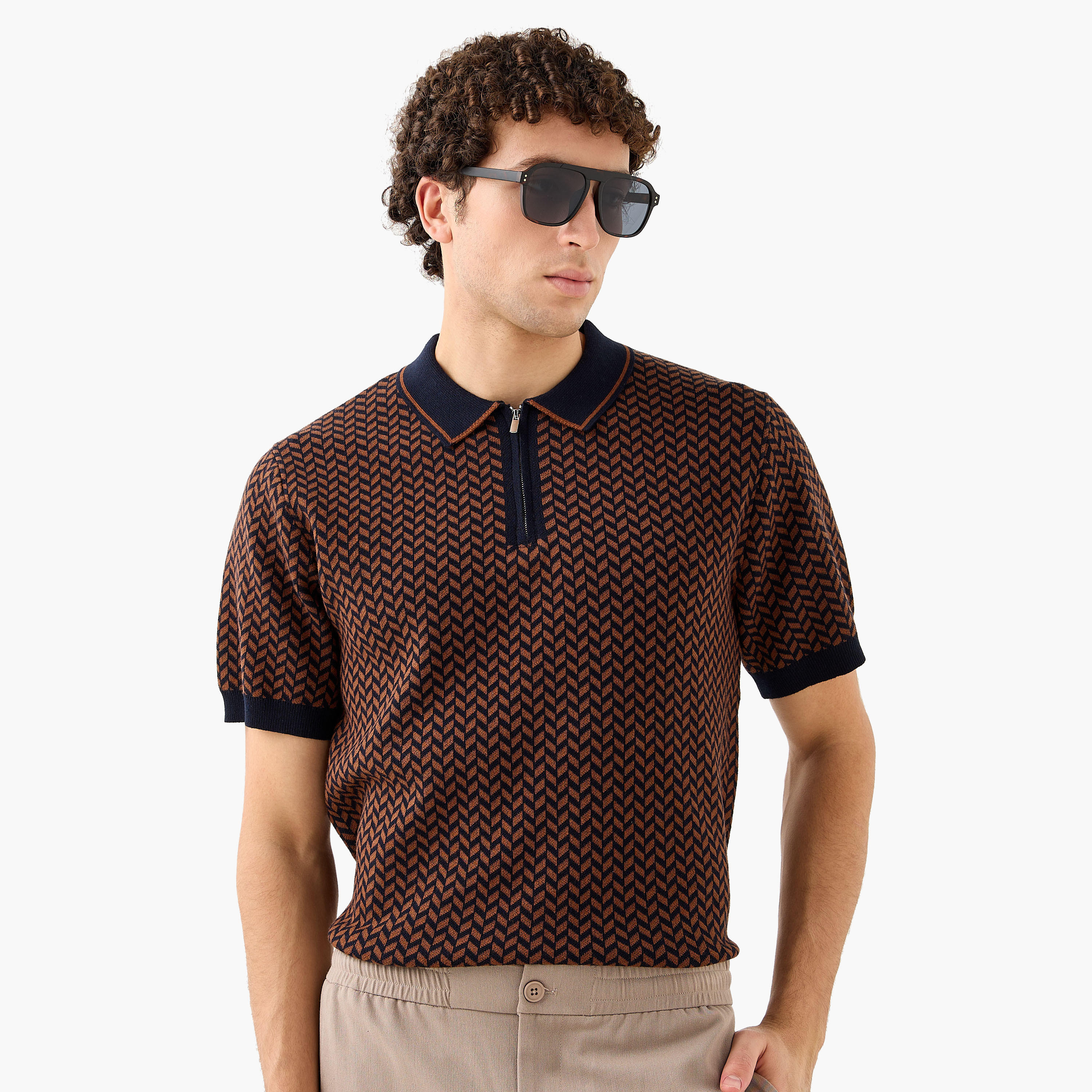 Textured Polo T-shirt with Zip Closure-men-clothing-tshirtsandpolos-polos-image-1