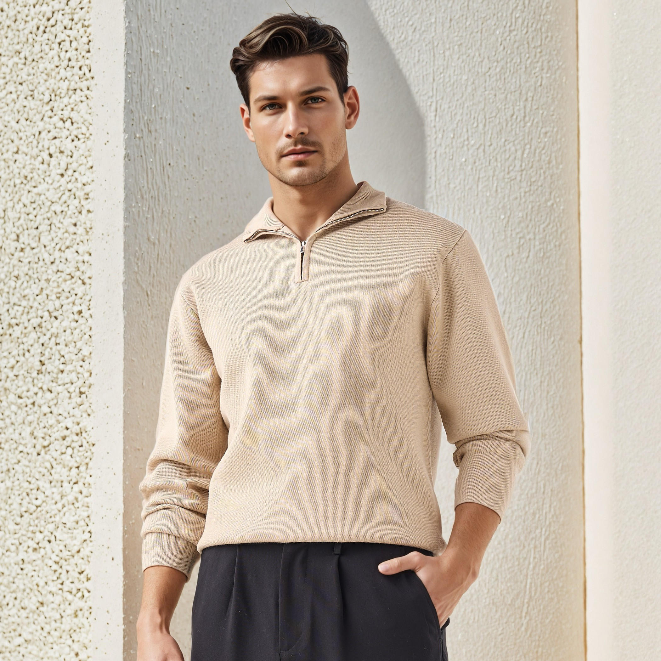 Textured Sweater with Mock Neck-men-clothing-sweatersandpullovers-image-1