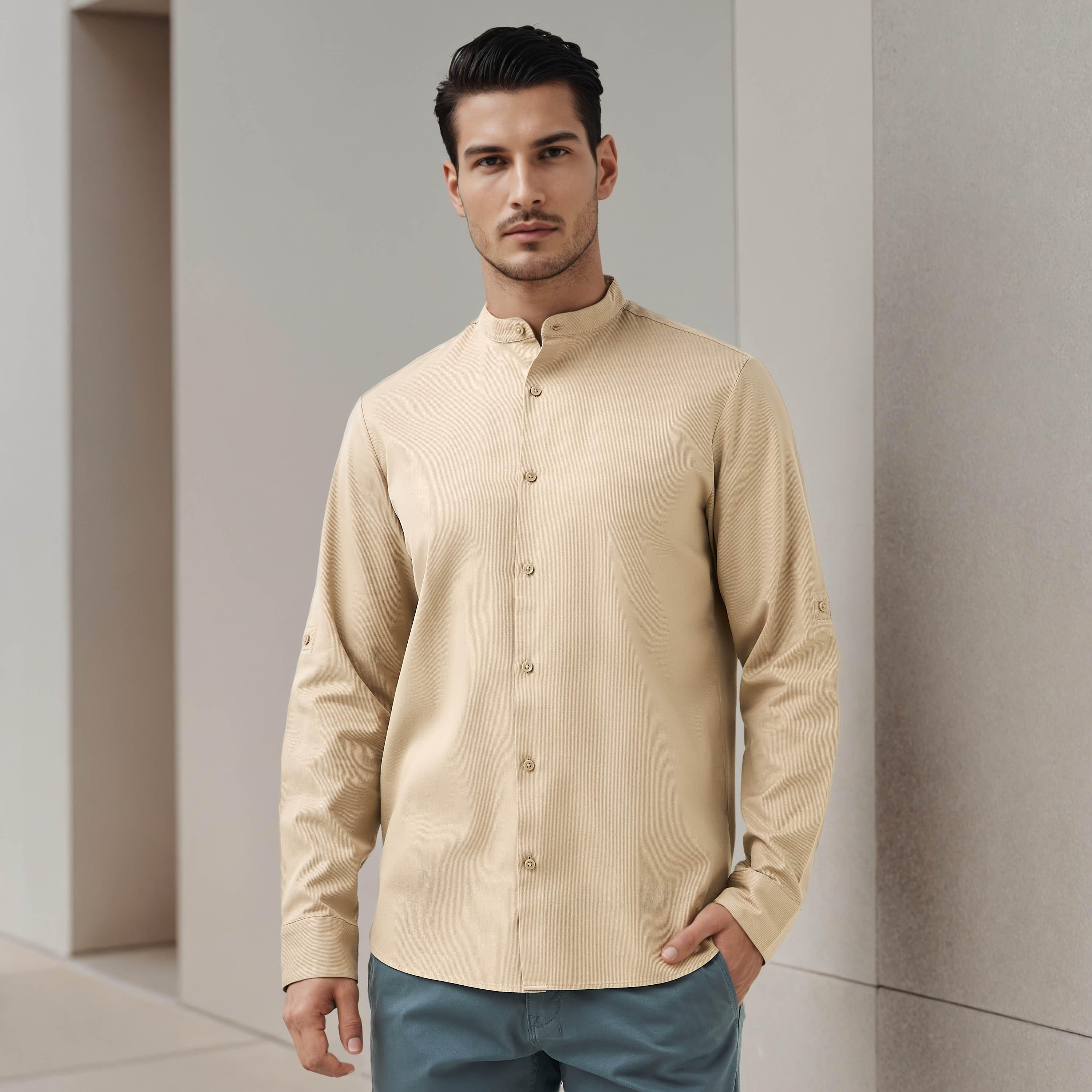 Regular Fit Textured Shirt with Mandarin Collar-men-clothing-shirts-image-1