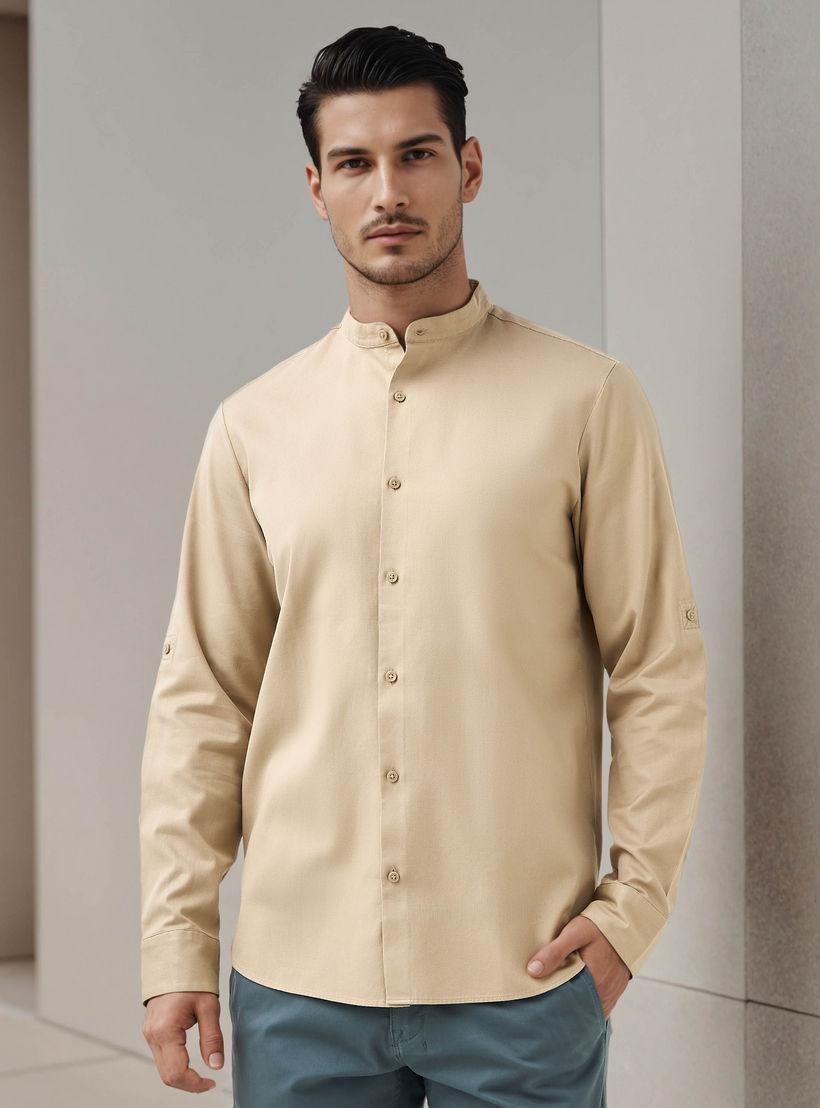 Regular Fit Textured Shirt with Mandarin Collar-men-clothing-shirts-image-1
